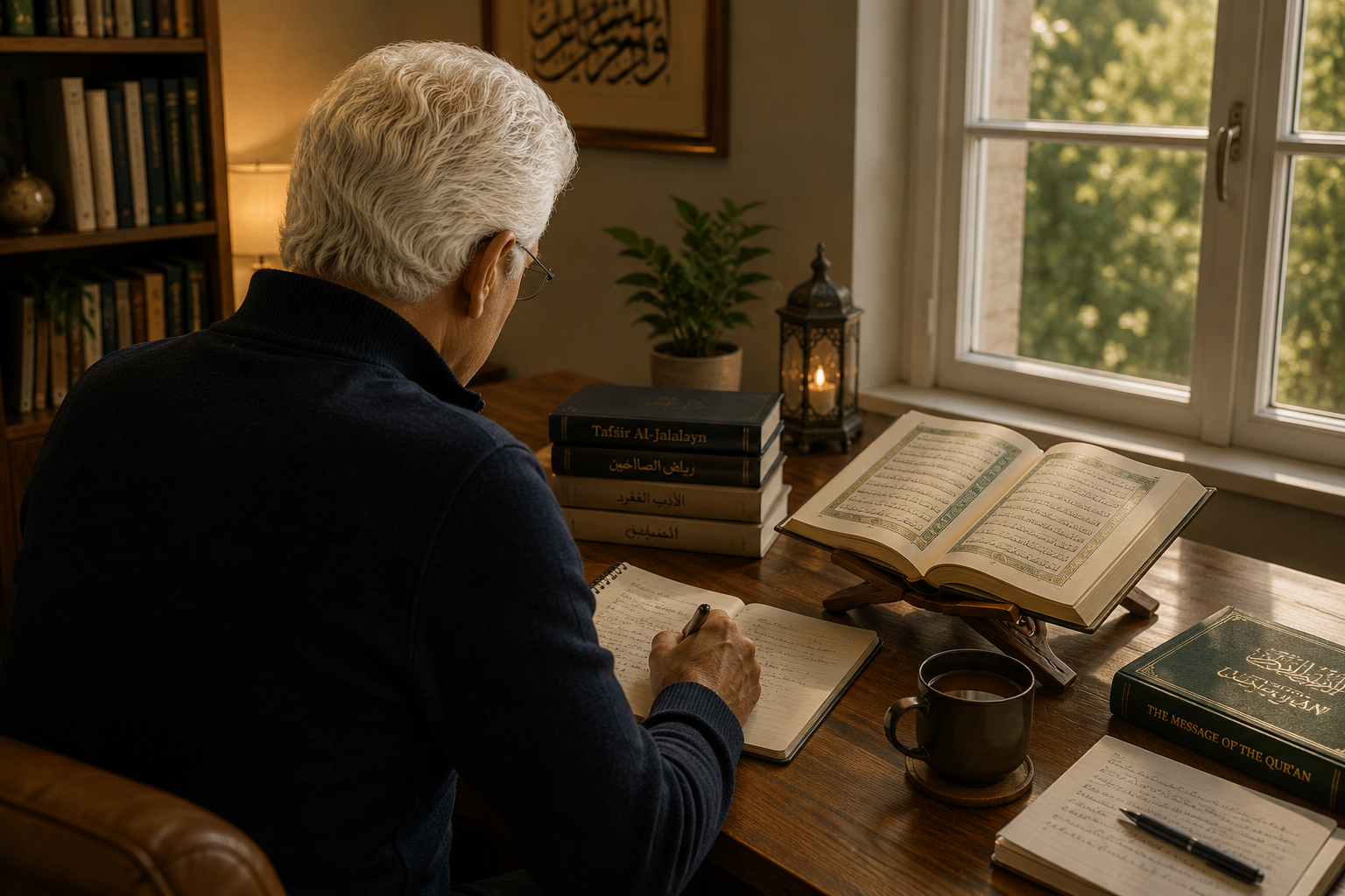 Ali Issa writing at a table surrounded by books, including the Qur’an, reflecting the writing, faith, and lifelong learning at the heart of 35N.