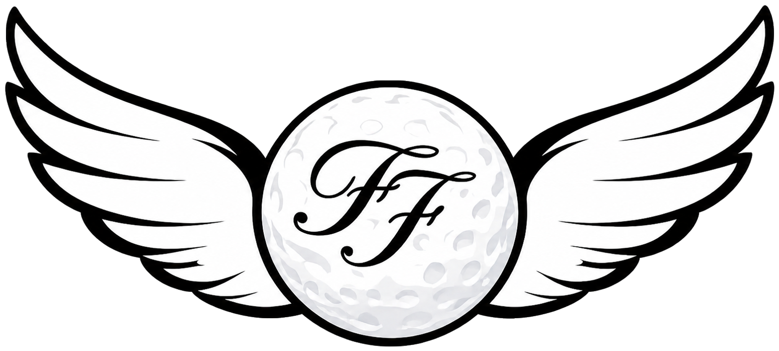 A graphic logo featuring a large moon with the initials 'F F' in cursive inside it, flanked by stylized white wings with black outlines.