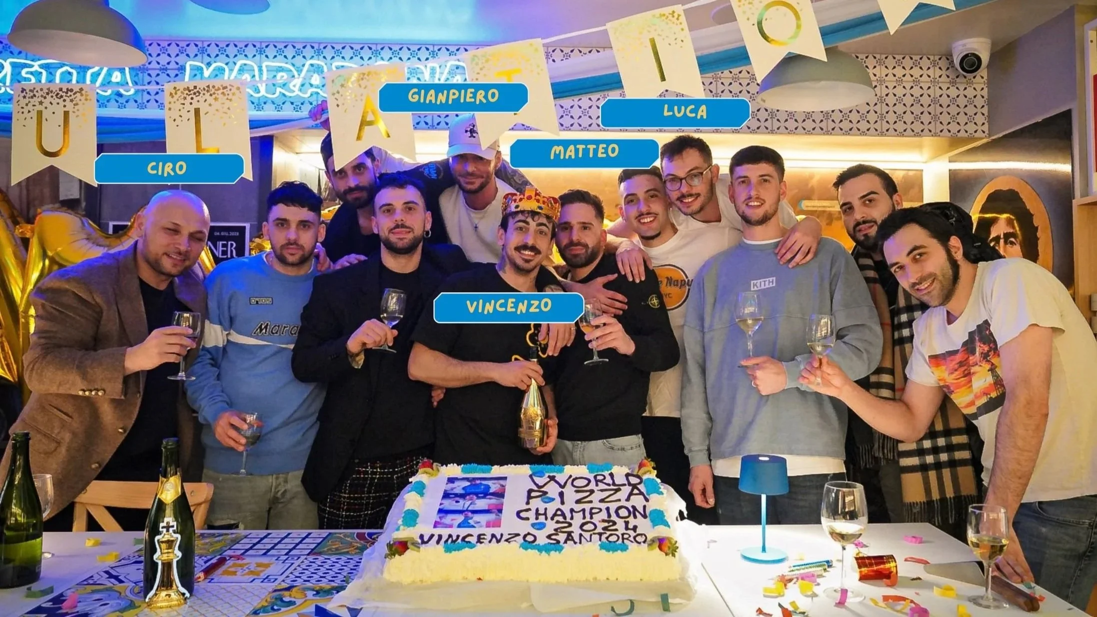 The team at Song' e Napule and friends celebrating Pizzaiolo Vincenzo after World Pizza Champion nomination