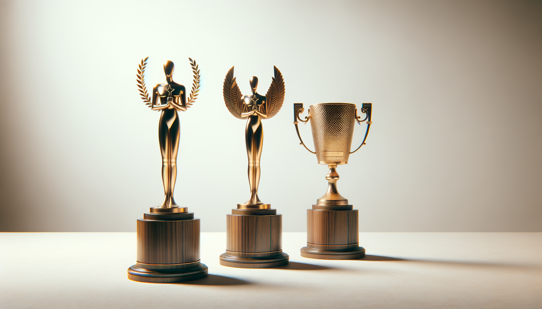 Three gold trophies on wooden bases, two featuring female figures with laurel wreaths and the third a cup with handles, set against a neutral background.