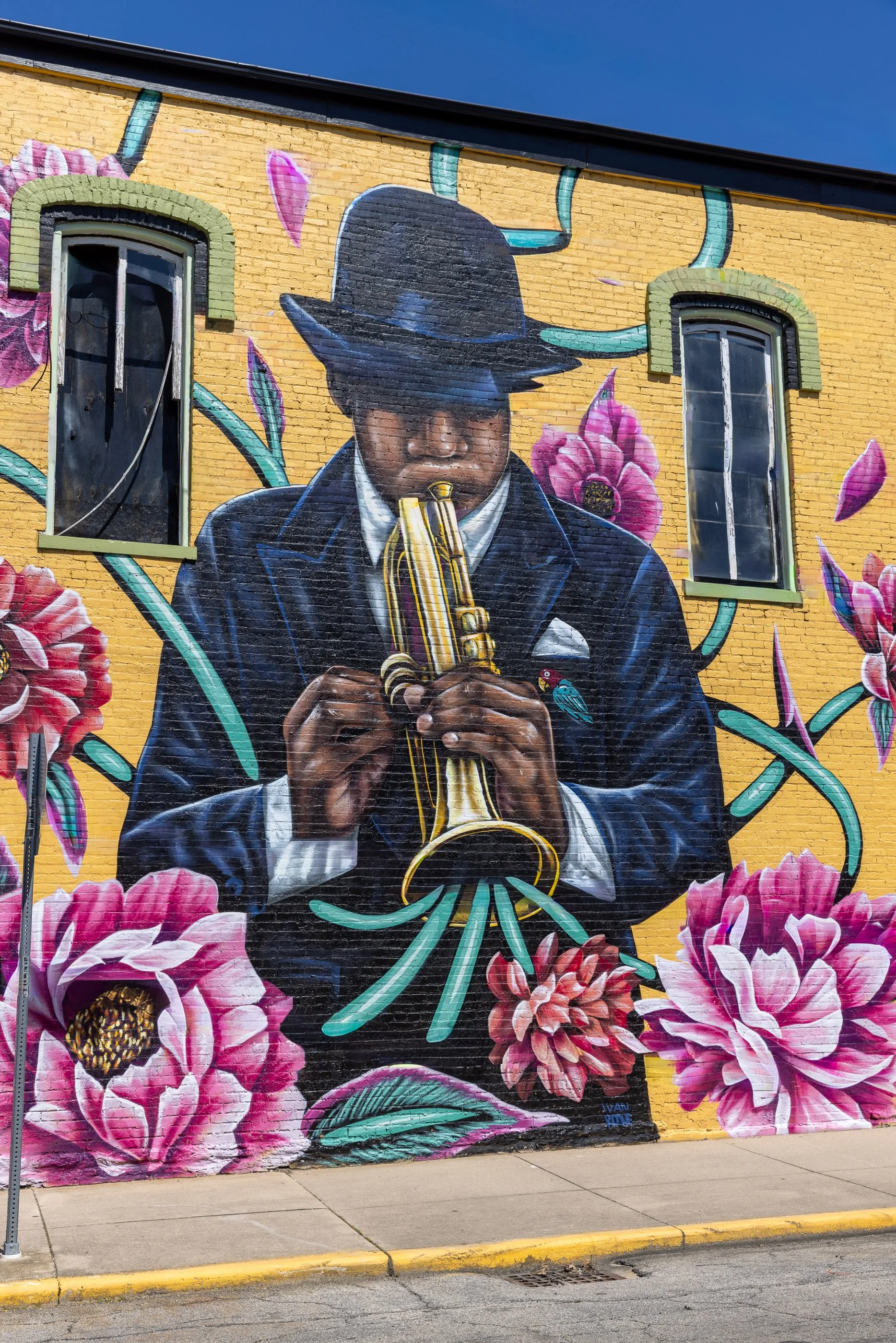 A trumpeter now fills a Richmond wall with color, more than a century after Gennett’s recording era began nearby. Most of the factory has disappeared, but its musical legacy remains visible across the city.
