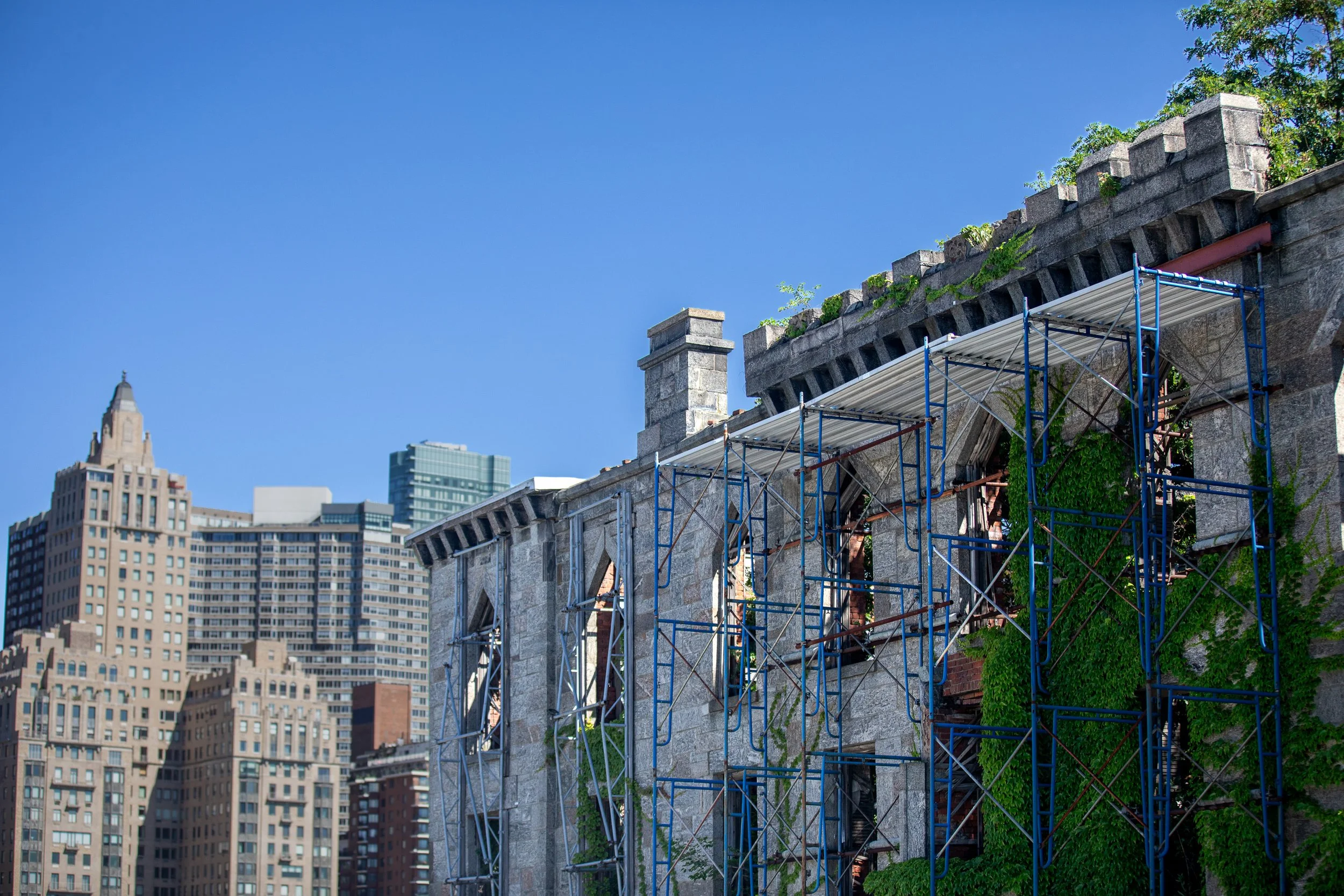 Steel bracing now helps stabilize the surviving walls of the former Smallpox Hospital. Built in 1856, the stone ruin remains one of the clearest physical traces of the island’s nineteenth-century institutional past.