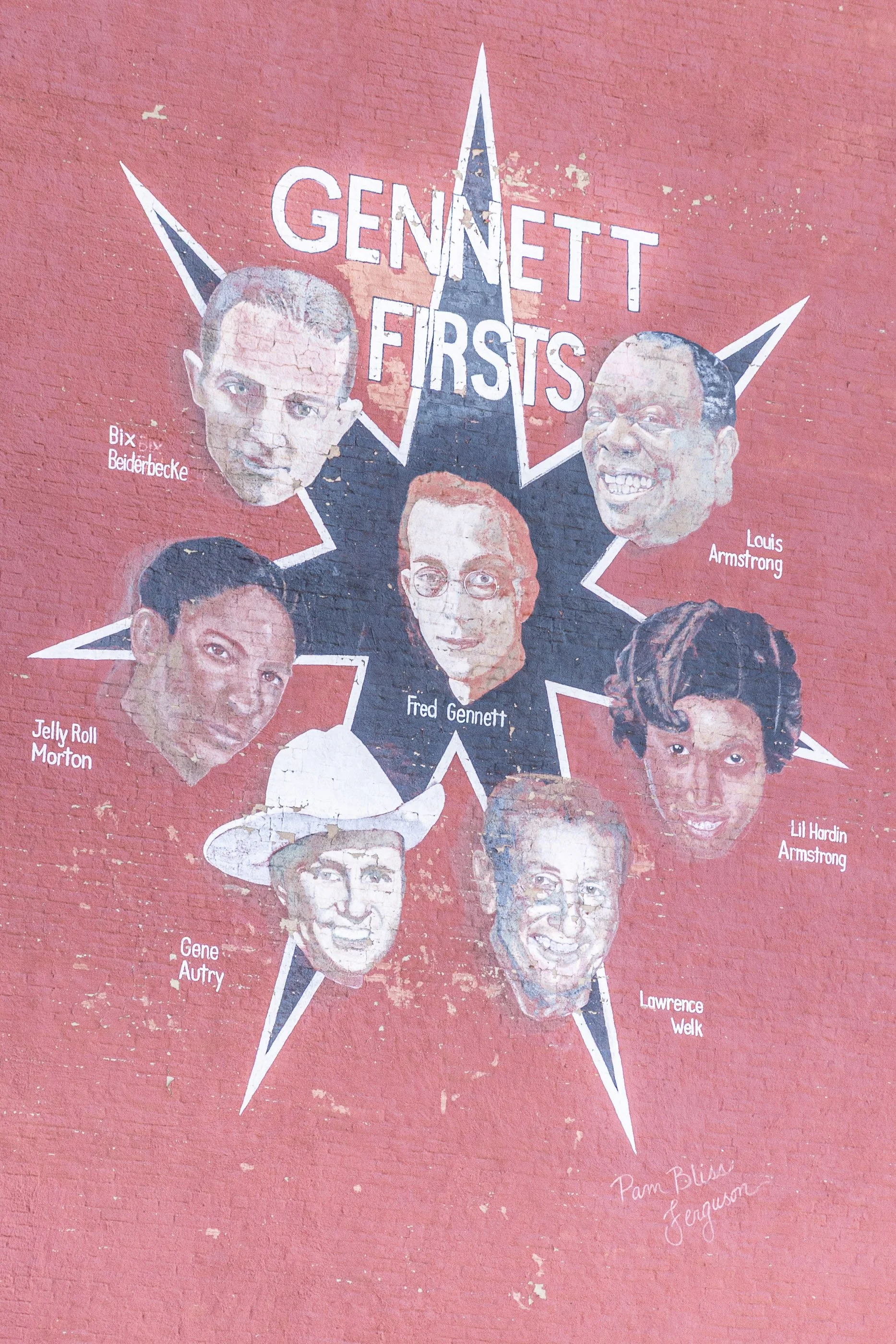 The colorful “Gennett Firsts” mural portrays Louis Armstrong, Jelly Roll Morton, Bix Beiderbecke, and other figures connected to Gennett Records.
