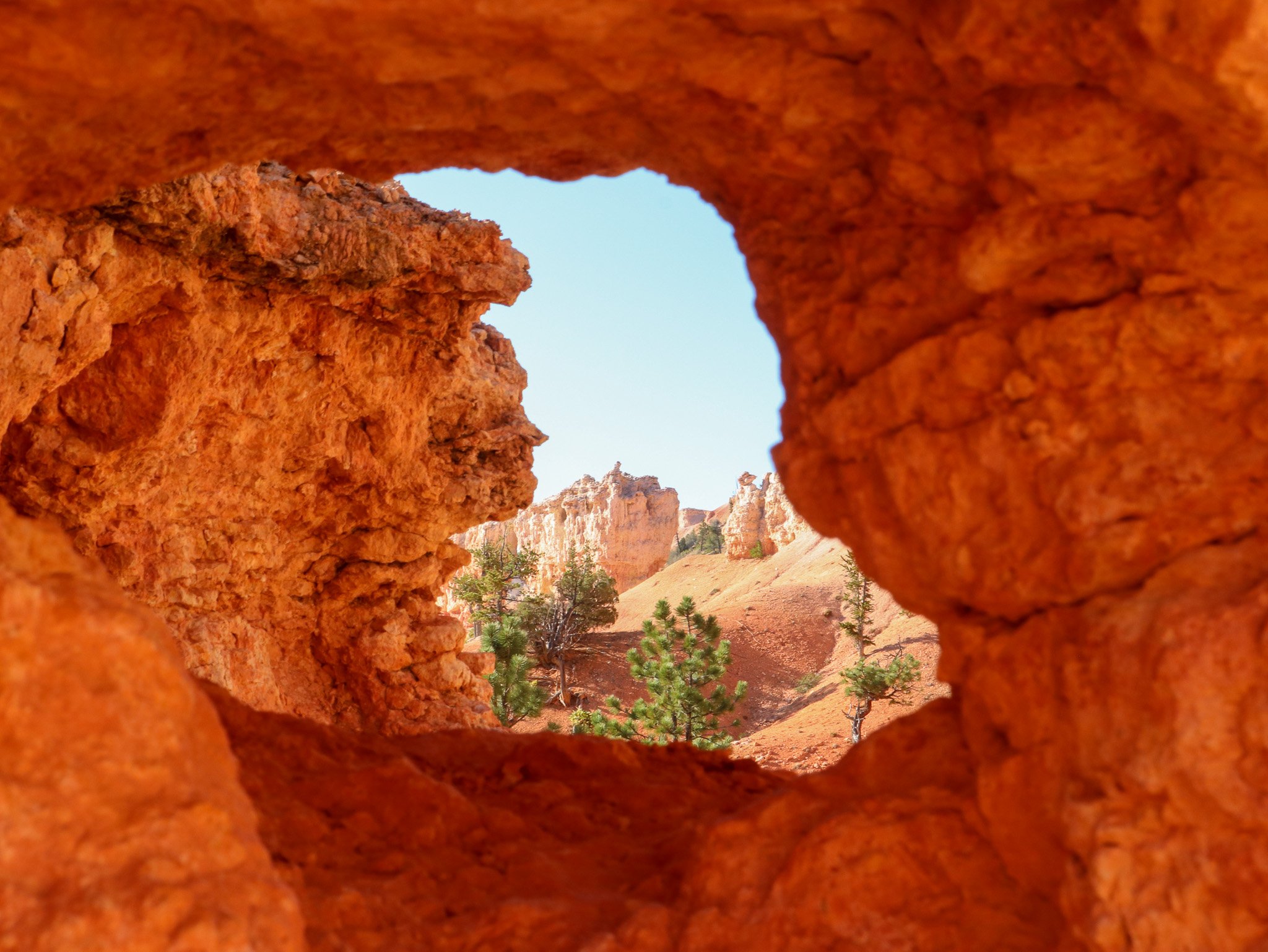 A rounded opening in an orange rock wall frames green trees and pale formations, with thick rock spanning the opening overhead.