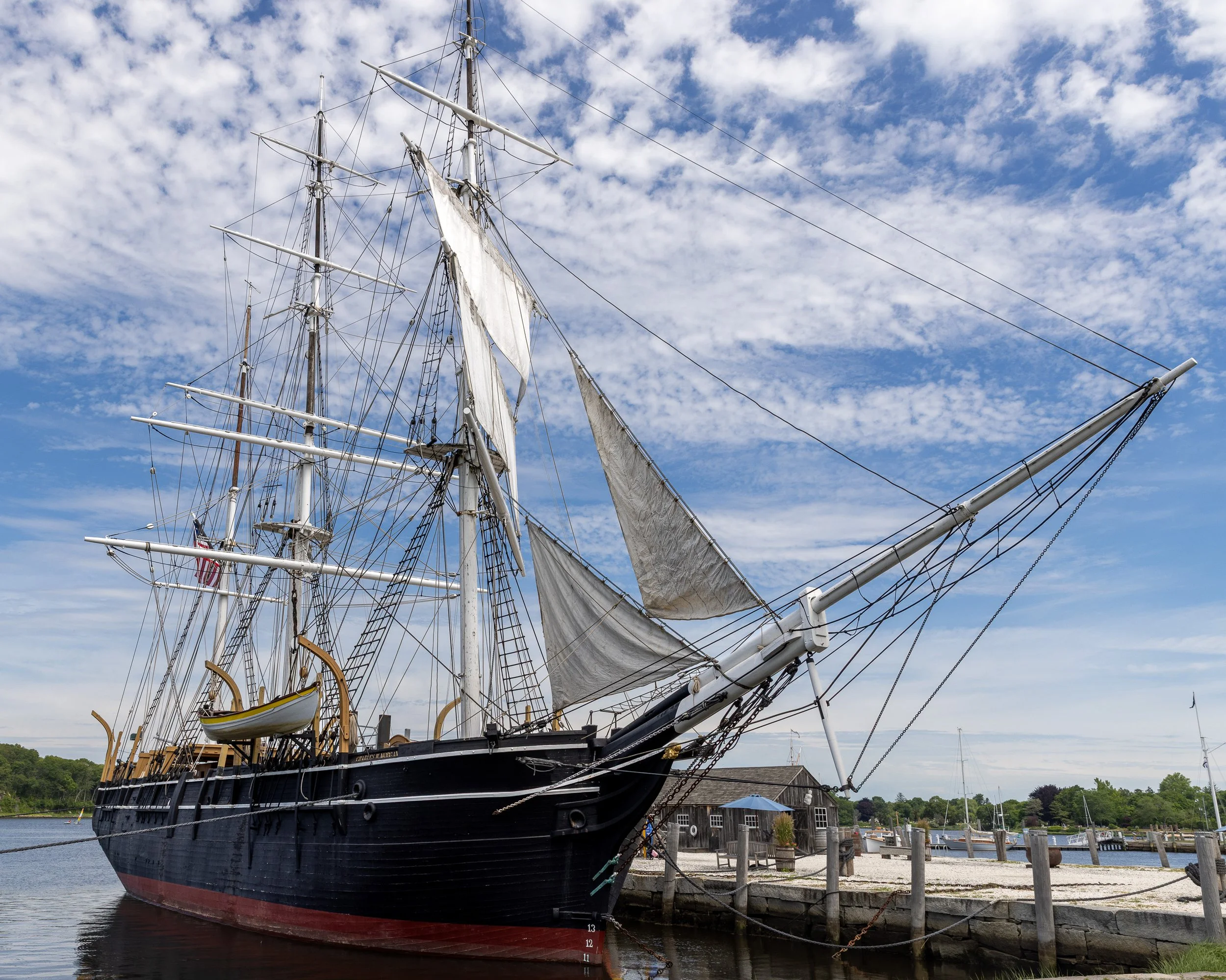 The Charles W. Morgan whaling ship at the dock. Photographed at Mystic Seaport Museum, Mystic, Connecticut.