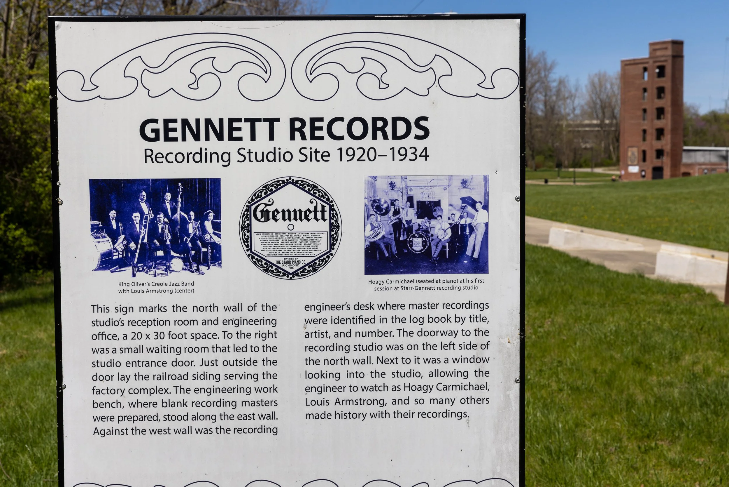 A marker identifies where Gennett’s studio occupied a converted lumber-drying kiln beside the tracks. Sawdust-packed walls and rugs hung from the ceiling helped turn an industrial room into one of America’s most unlikely recording spaces.