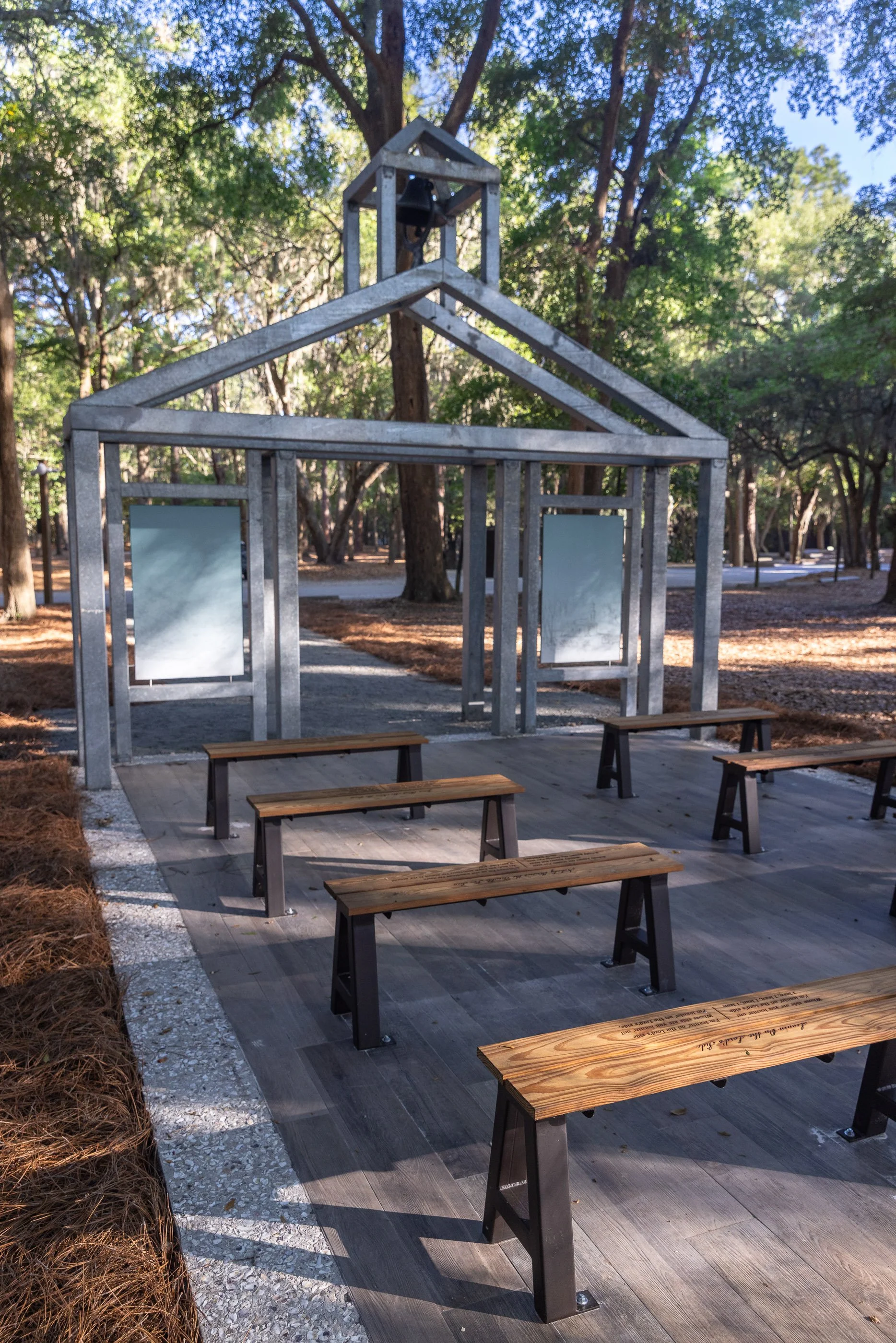 "Ghosted Structures" trace the church entrance at Historic Mitchelville Freedom Park on Hilton Head Island. The open structure represents First African Baptist Church, founded in 1862 with 120 members in a town built by formerly enslaved people.