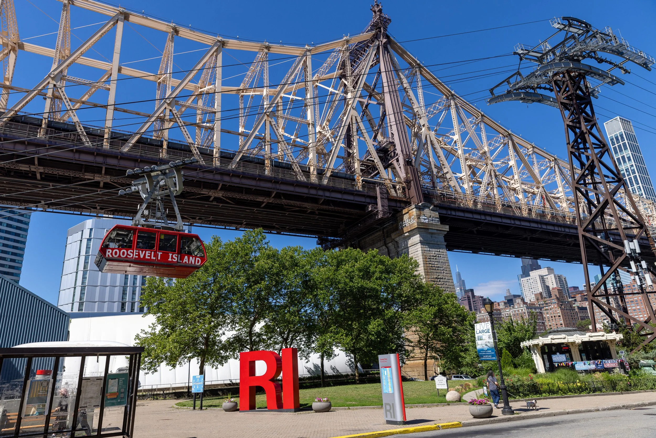 The giant RI letters sit beneath the Queensboro Bridge and beside the Roosevelt Island Tramway. The bridge passes directly overhead without stopping; the tram delivers passengers almost to these letters.