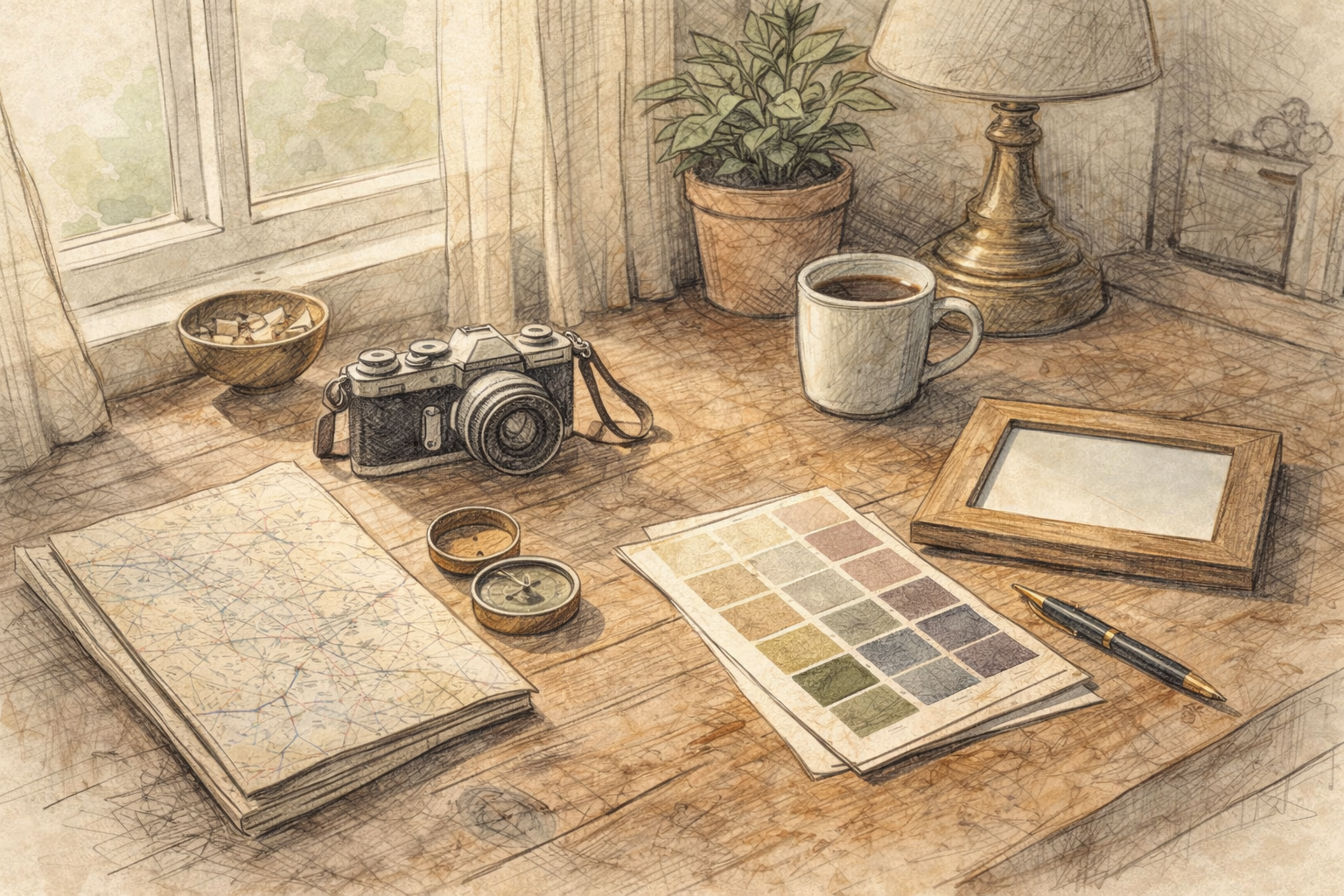 Watercolor-style illustration of a camera, maps, compass, notebook, coffee, and travel keepsakes arranged on a wooden desk.