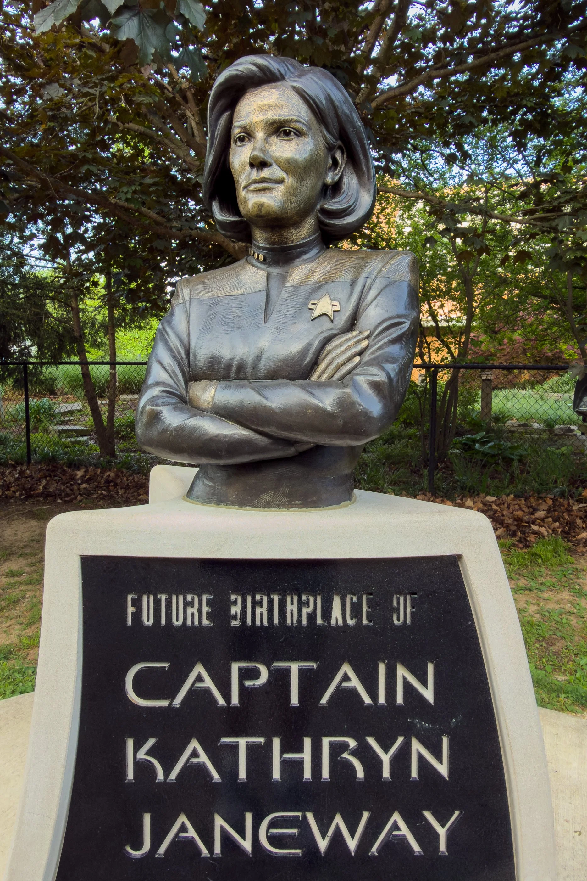 Janeway’s fictional biography places her birth in Bloomington on May 20, 2336 — more than three centuries from now.