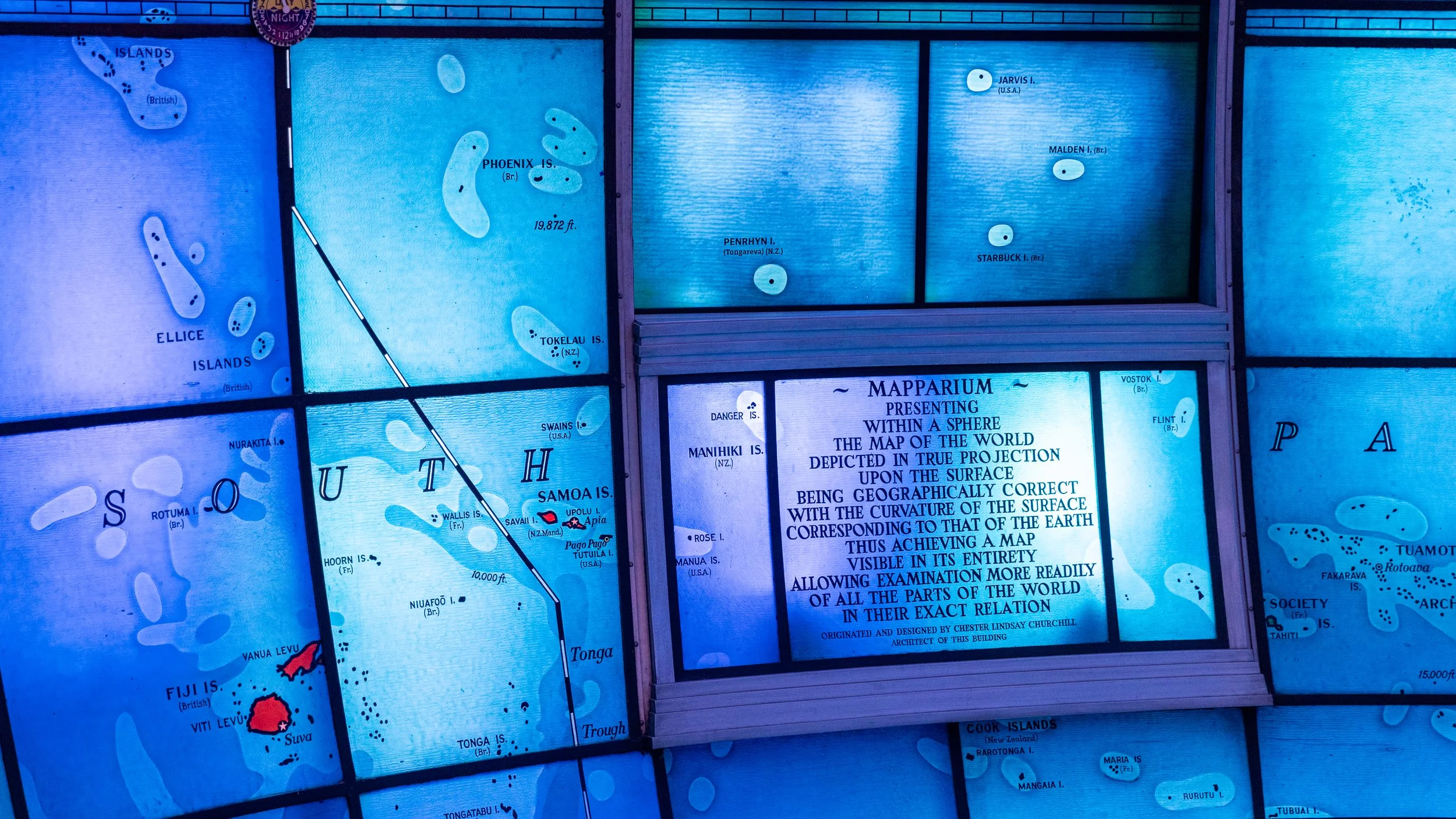 Among the Pacific islands inside Boston’s Mapparium globe, an inscription credits architect Chester Lindsay Churchill and explains what he was trying to build: a world visible in its entirety, with every place held in its “exact relation” to every ot