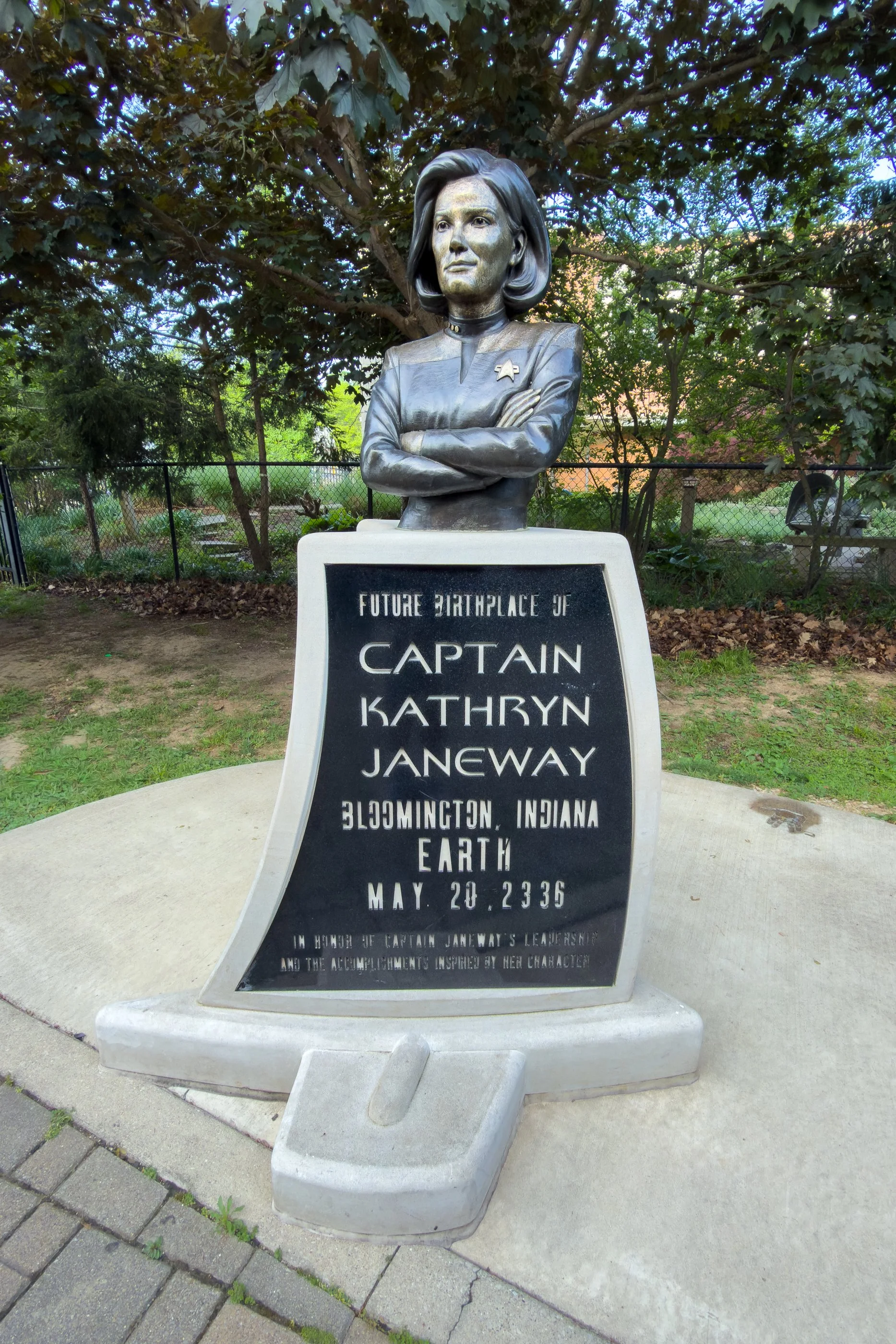 The plaque goes one step beyond Bloomington and Indiana: it identifies Janeway’s future birthplace as “Earth.”