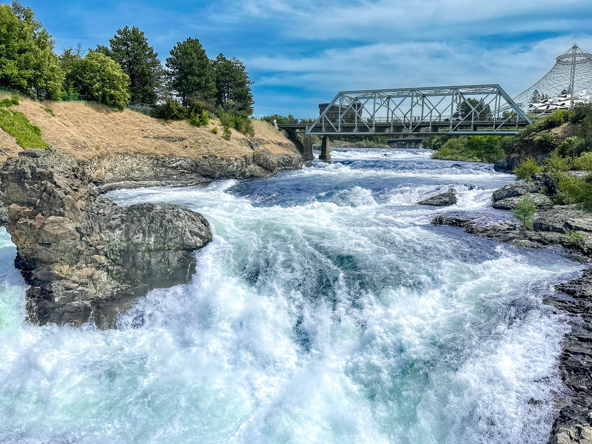 Upper Spokane Falls flowing through downtown Spokane, Washington, that powers the city's hydroelectric power plant.