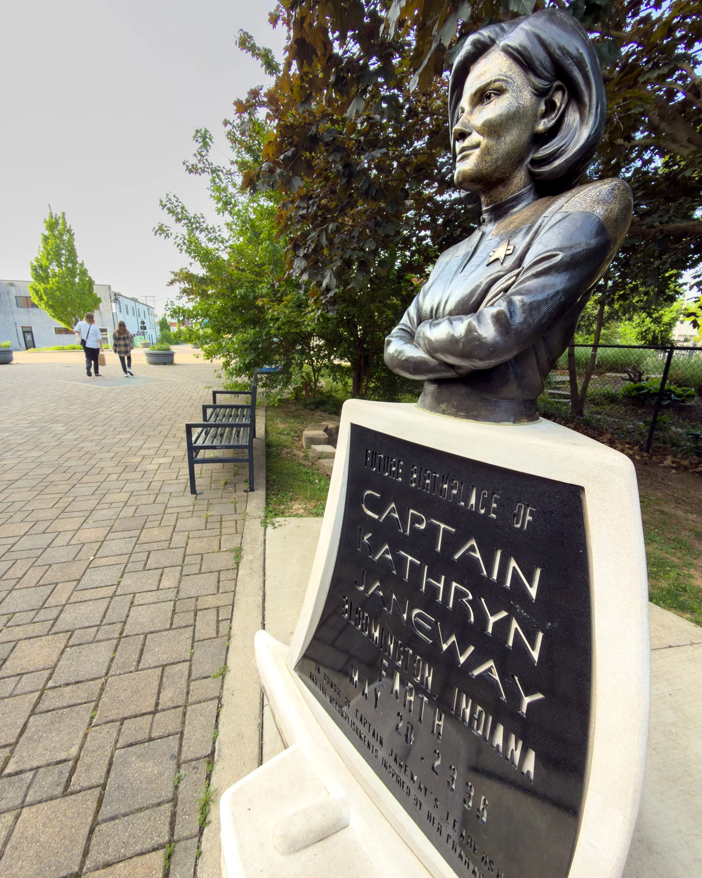 Captain Kathryn Janeway statue beside the B-Line walking and biking trail in downtown Bloomington Indiana.