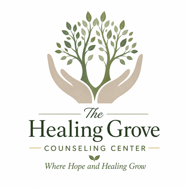 Logo for The Healing Grove Counseling Center featuring two hands cupping a tree with many leaves, and the tagline "Where Hope and Healing Grow."