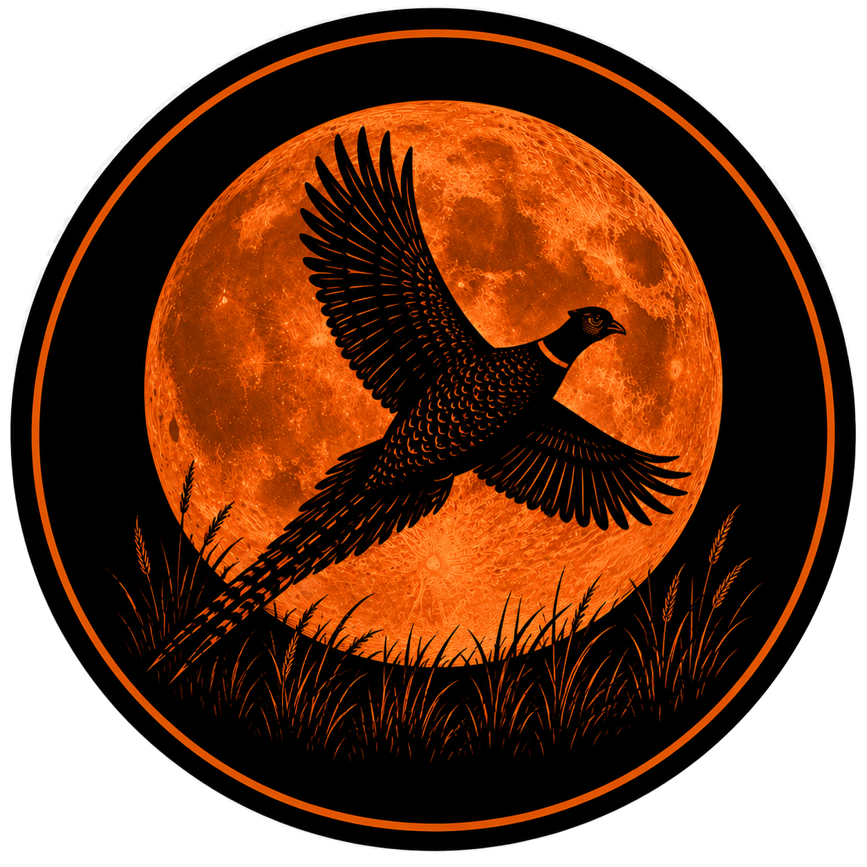 Silhouette of a bird with outstretched wings flying in front of a full orange moon, with grass at the bottom.