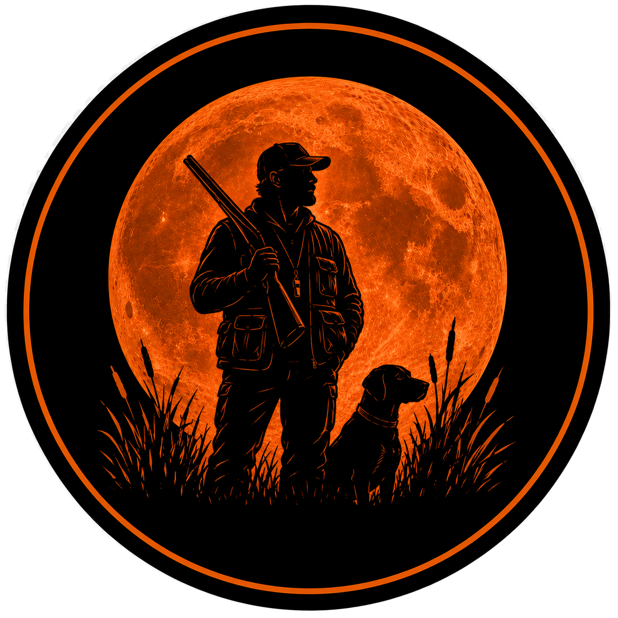 Silhouette of a man with a dog standing in grass against an orange moon background.