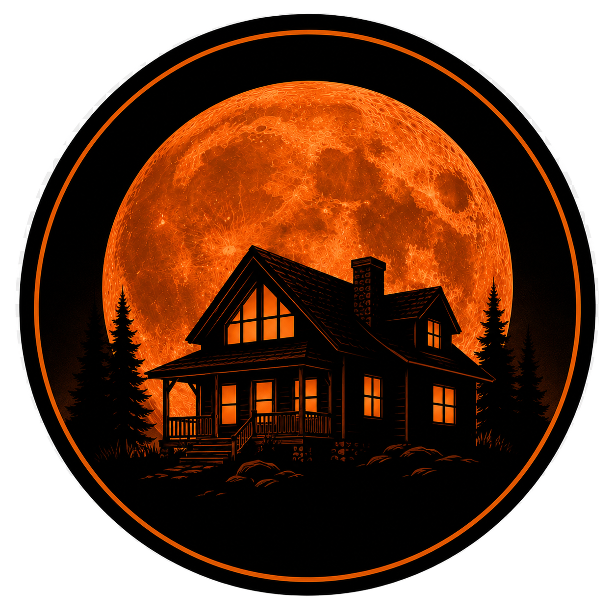 Silhouette of a house with trees against a large, bright orange moon in the night sky.