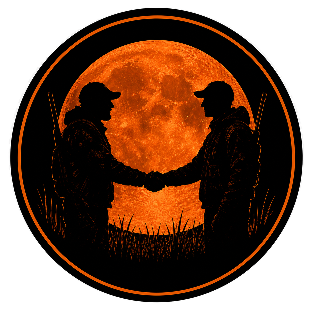 Silhouettes of two men shaking hands, wearing jackets and hats, with hunting rifles on their backs, against a large glowing orange moon, surrounded by grass.