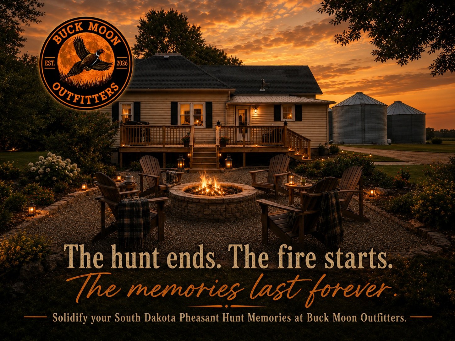 The hunt ends. The stories begin.

After a full day in the field, this is where Buck Moon Outfitters comes alive. Pull up a chair, pour a drink, and let the fire do the rest.

This is what we built it for &mdash; the moments between the hunts. The co