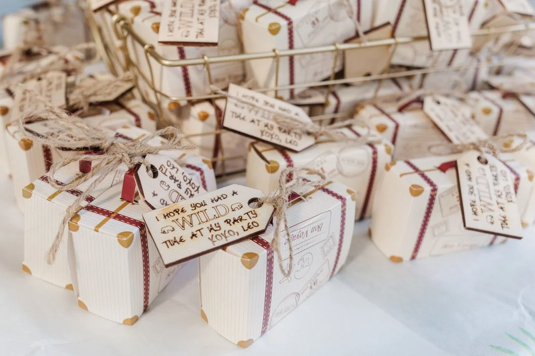Handmade wedding favor boxes with personalized tags styled by Wildly Pretty Events