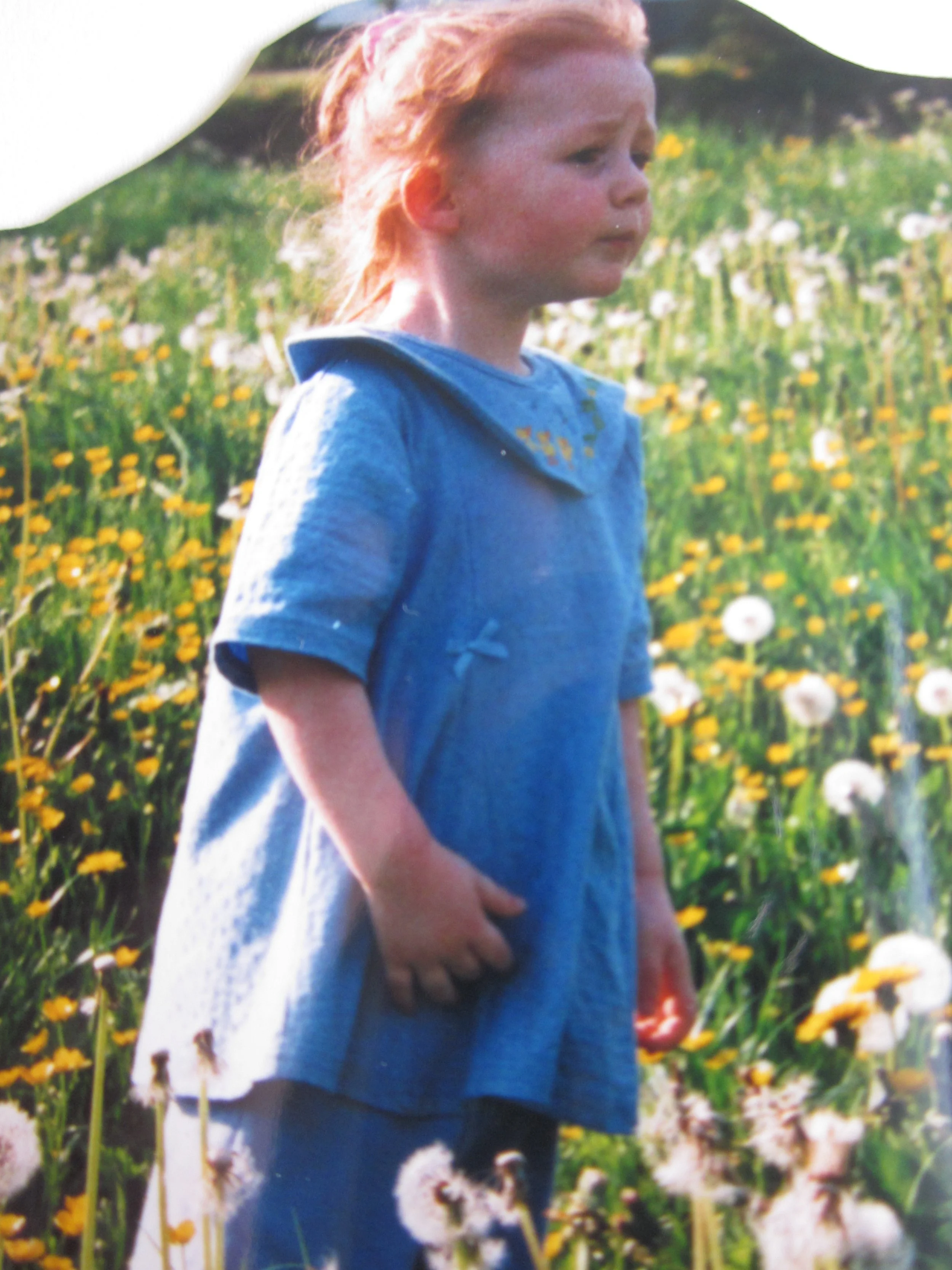 Ein Mädchen mit roten Haaren in einem blauen Hemd steht in einem Blumenfeld mit weißen und gelben Blumen bei Sonnenuntergang.