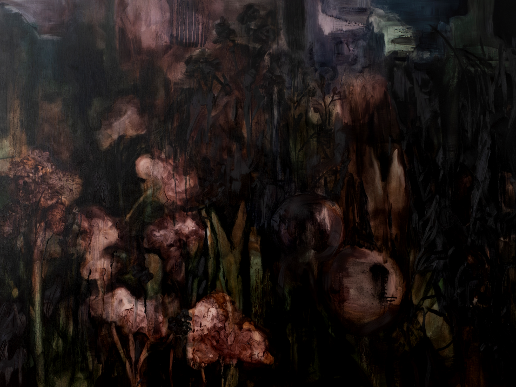 Natia Lemay, Between Carlaw and the Lake, 2026, oil on canvas. An atmospheric landscape of dense vegetation and wildflowers rendered through layered and diluted chromatic blacks, exploring light, luminosity, surface and the relationship between lands