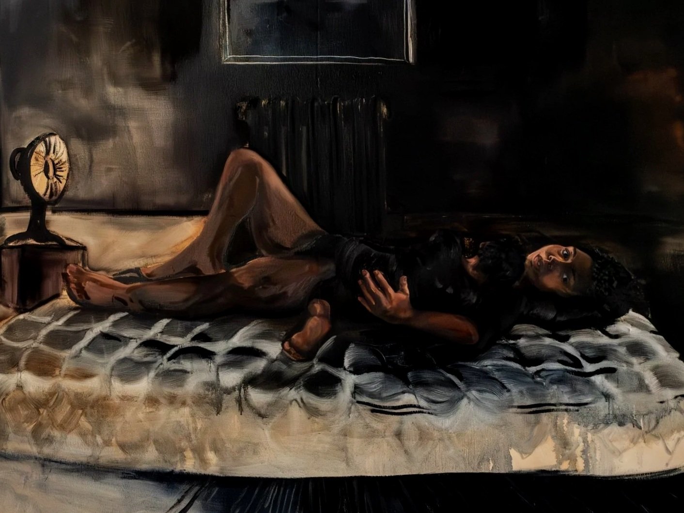 Natia Lemay, His Dad Was My First Love, 2024, oil on canvas. A reclining figure holds a child within a dim domestic interior, rendered through layered chromatic blacks and shifts in light and surface. Collection of the Art Gallery of Ontario, Toronto
