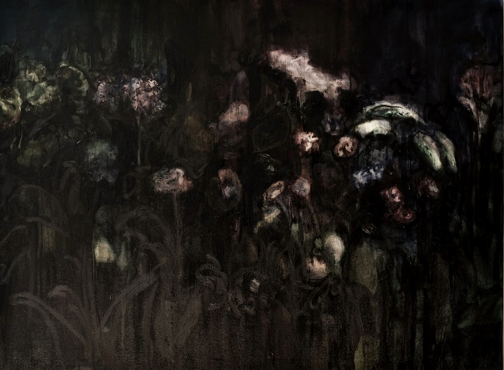 Natia Lemay, Among the Wild Lace, 2026, oil on canvas. Wildflowers and dense vegetation emerge through layered and diluted chromatic blacks, exploring light, atmosphere, luminosity and the relationship between landscape and place.