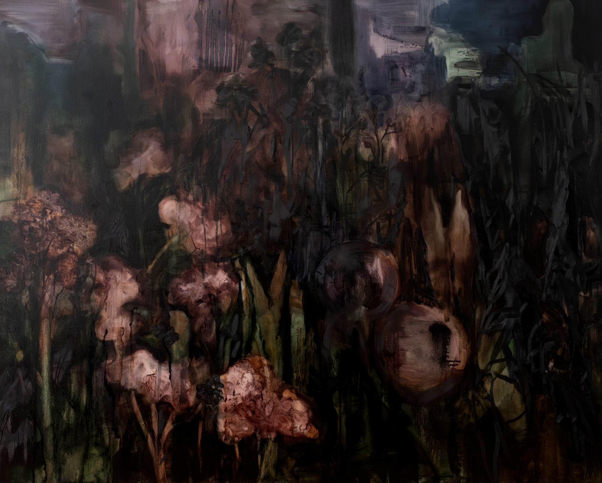 Natia Lemay, Between Carlaw and the Lake, 2026, oil on canvas. An atmospheric landscape of dense vegetation and flowers rendered entirely through layered and diluted chromatic blacks, with forms emerging through variations in luminosity, opacity and 