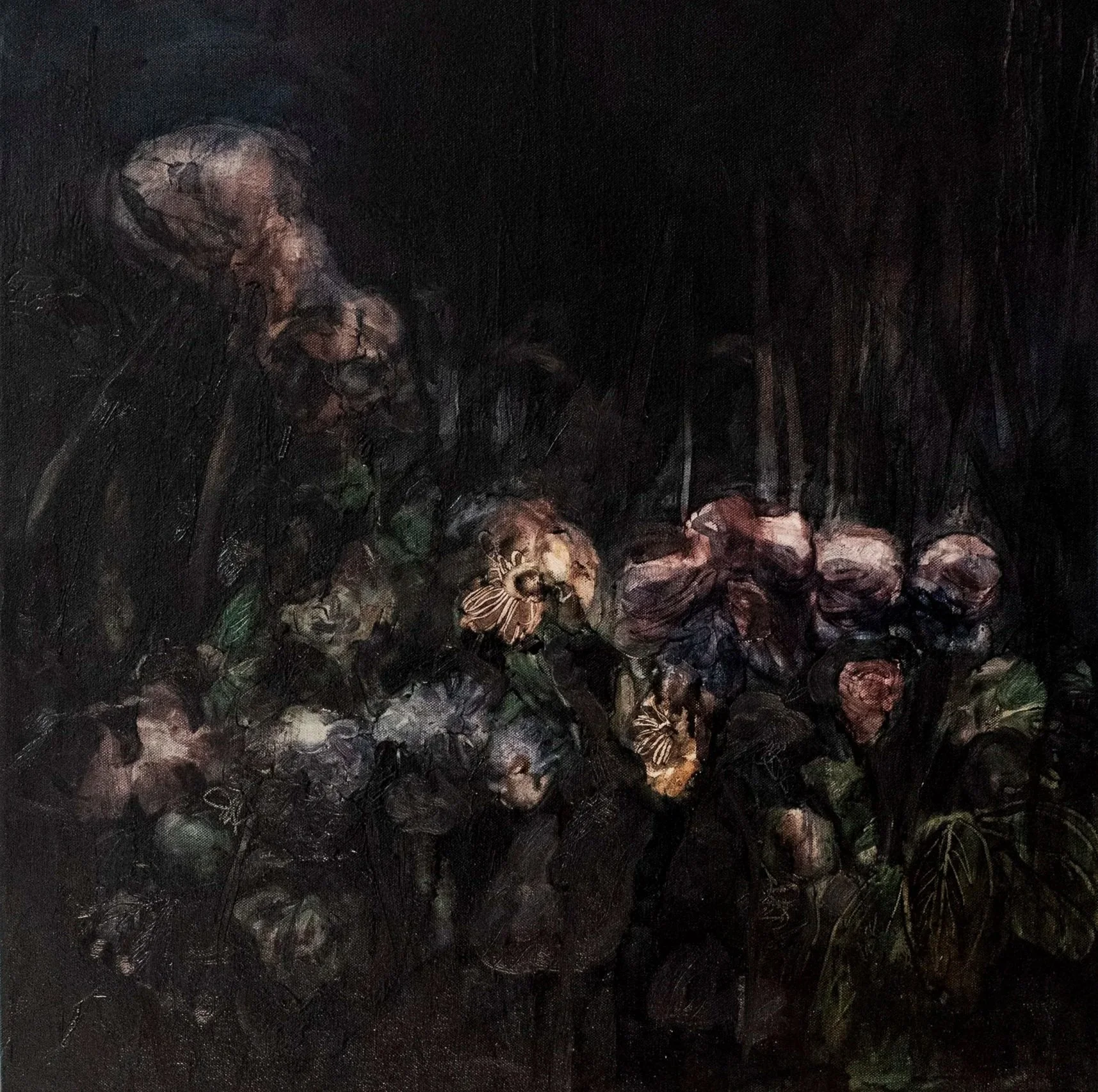 Natia Lemay, By the Port Lands, 2026, oil on canvas. A cluster of flowers emerges from a dark landscape rendered through layered and diluted chromatic blacks, exploring luminosity, atmosphere and place.