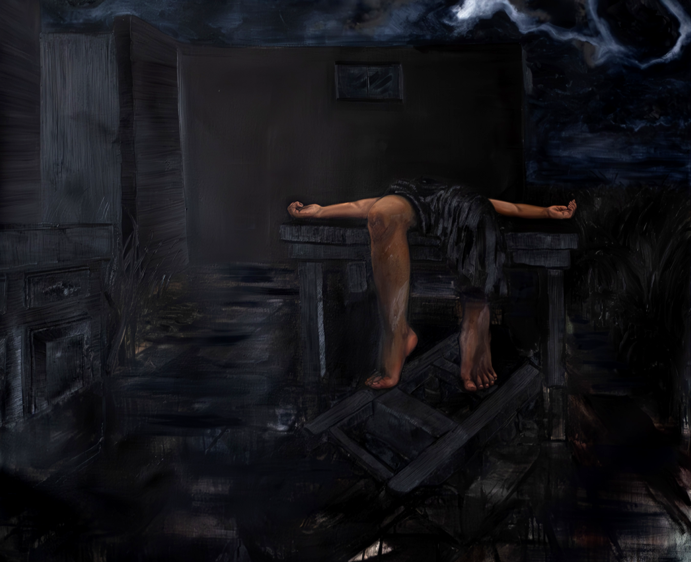 . A figure lies across a kitchen table within a dark interior that opens into an atmospheric landscape, rendered through layered chromatic blacks and shifts in luminosity, opacity and surface.