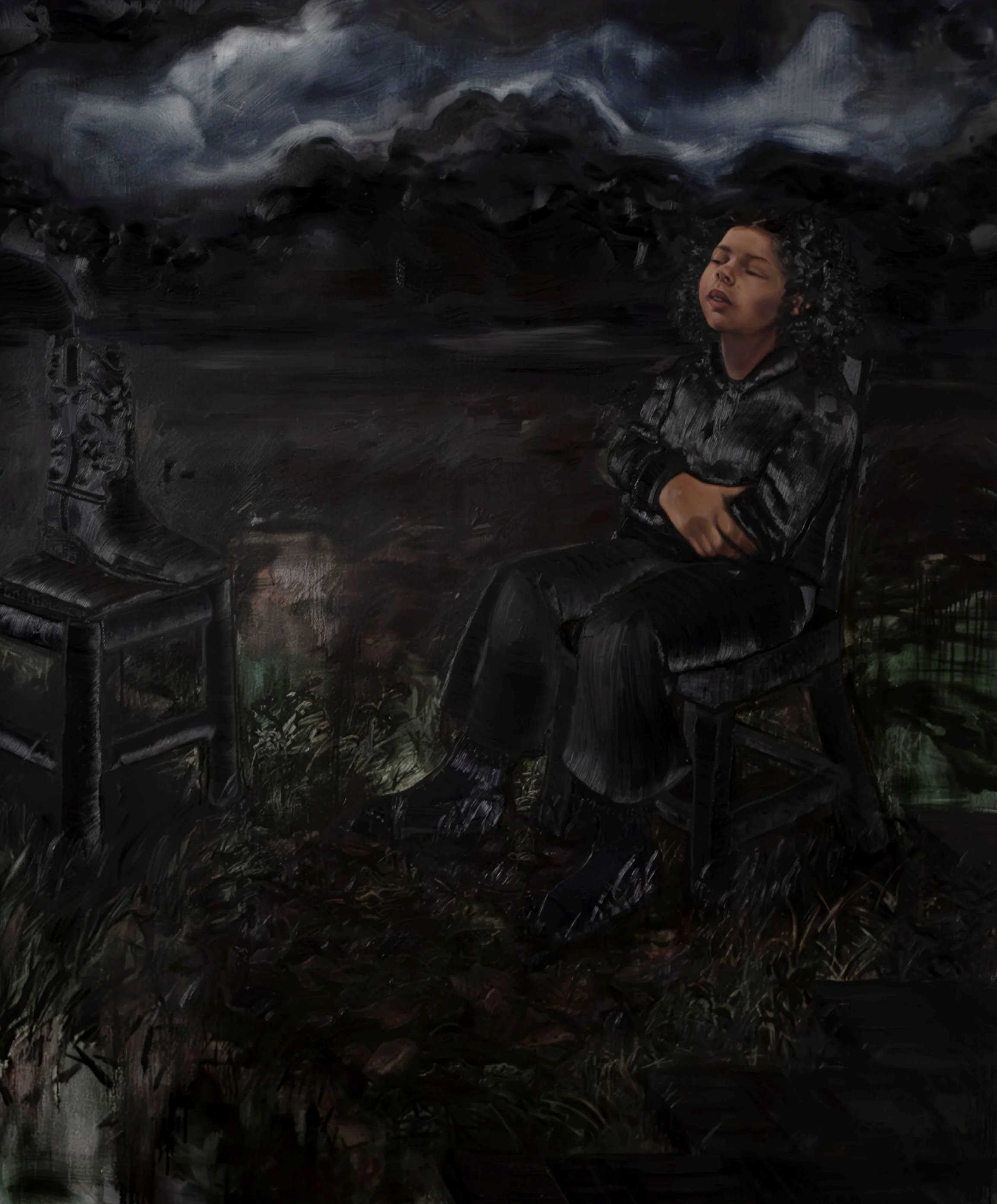 A seated figure occupies a dark landscape beneath a turbulent sky, rendered through layered chromatic blacks with the figure emerging through shifts in light, atmosphere and surface