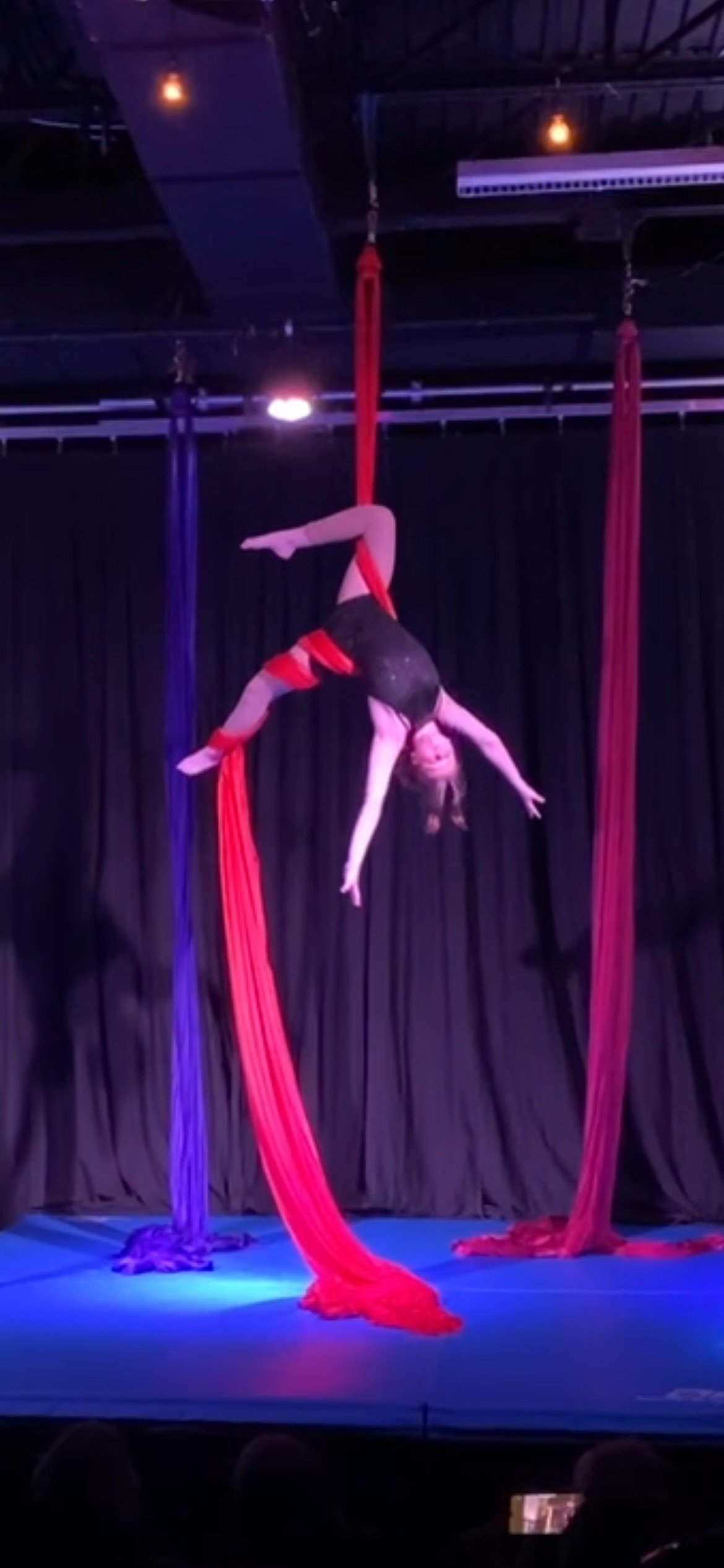 Aerial silk performer hanging upside down from red and purple silks on stage with black curtains, illuminated by stage lights.