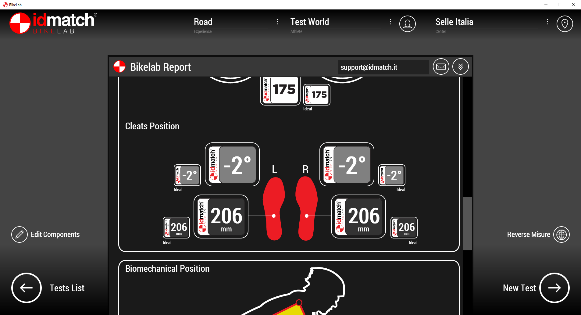 Screenshot of the IDmatch BikeLab software showing a bike fitting report with a black background, red and white branding, and various measurements including cleat and biomechanical positions with numerical values.