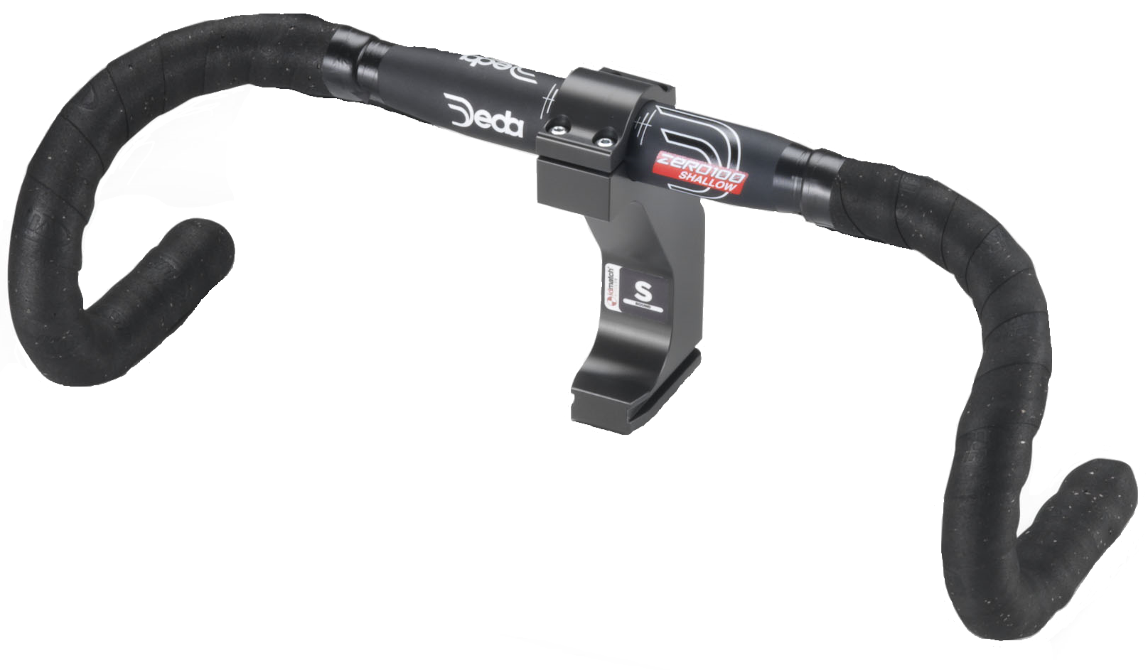 A black cycling handlebar with a mounted stem labeled with 'Zero100 Shallow' and 'Size S.'