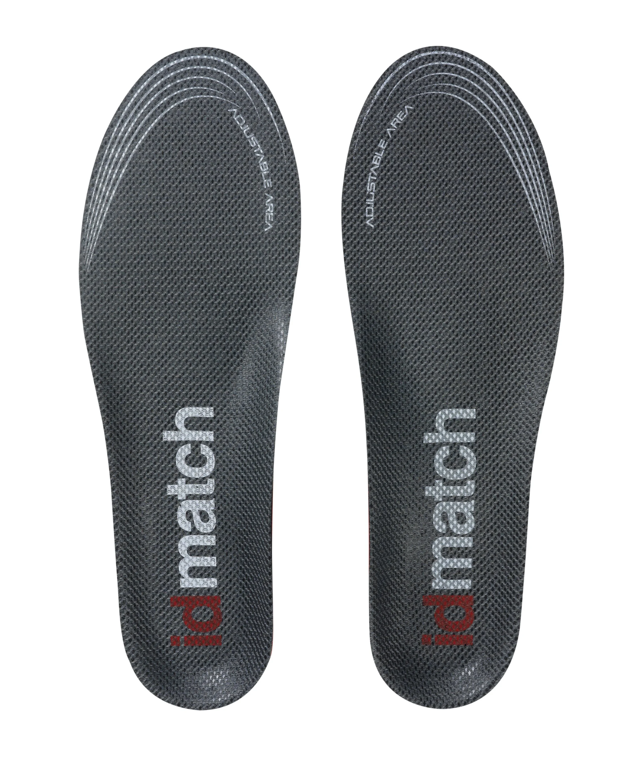 Pair of black insoles with gray lettering, positioned vertically against a white background.