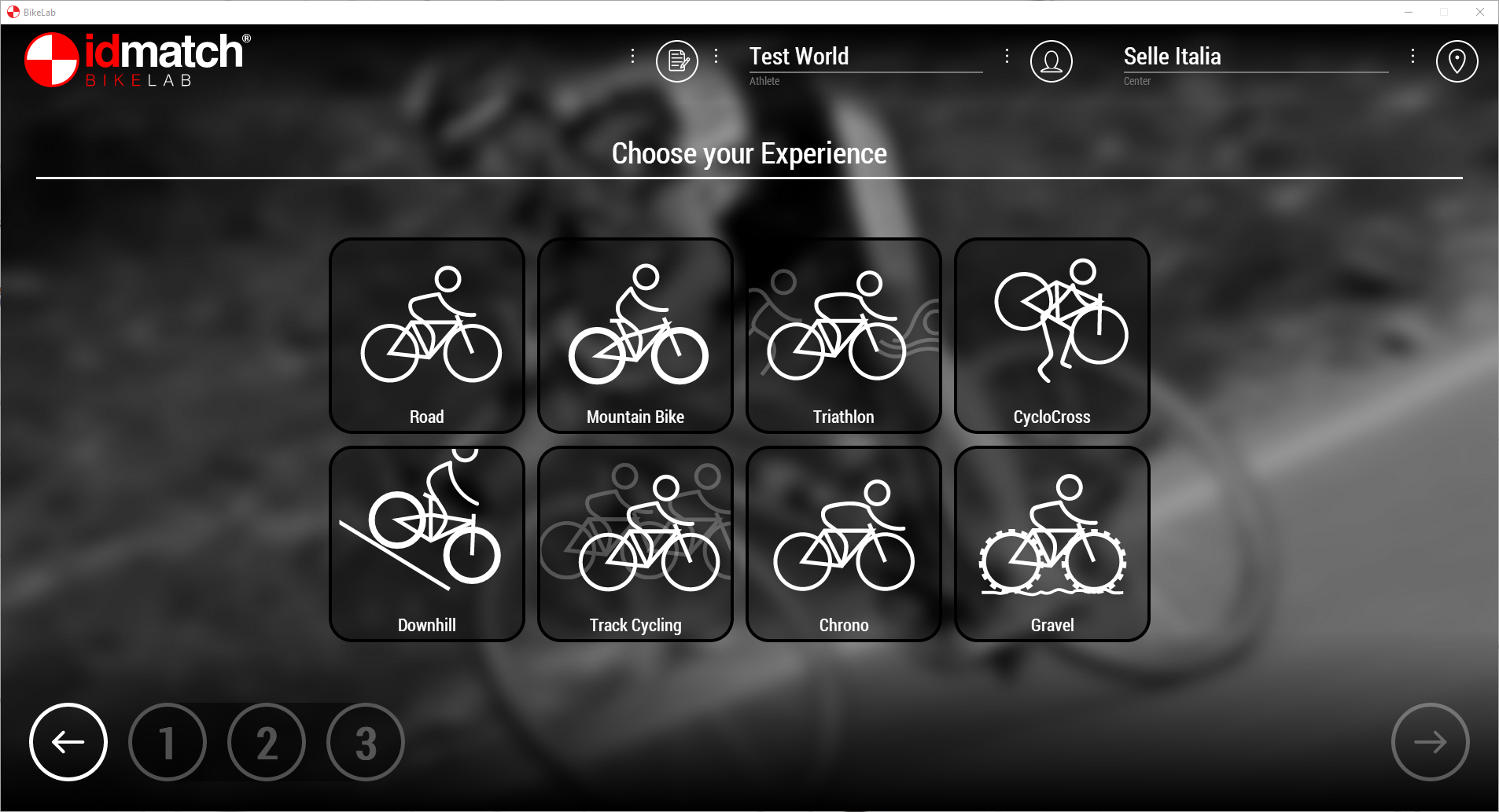 BikeLab app interface showing options to choose bicycle experience types, including Road, Mountain Bike, Triathlon, CycloCross, Downhill, Track Cycling, Chrono, and Gravel, with icons representing each type.