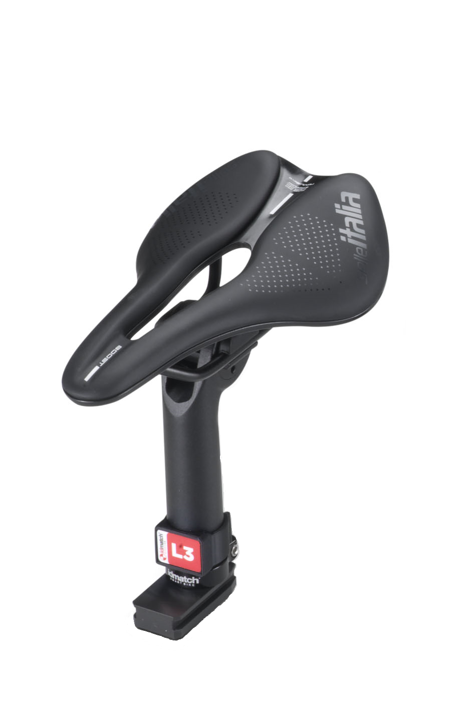A black Selle Italia bicycle saddle mounted on a seat post with a built-in mounting system.