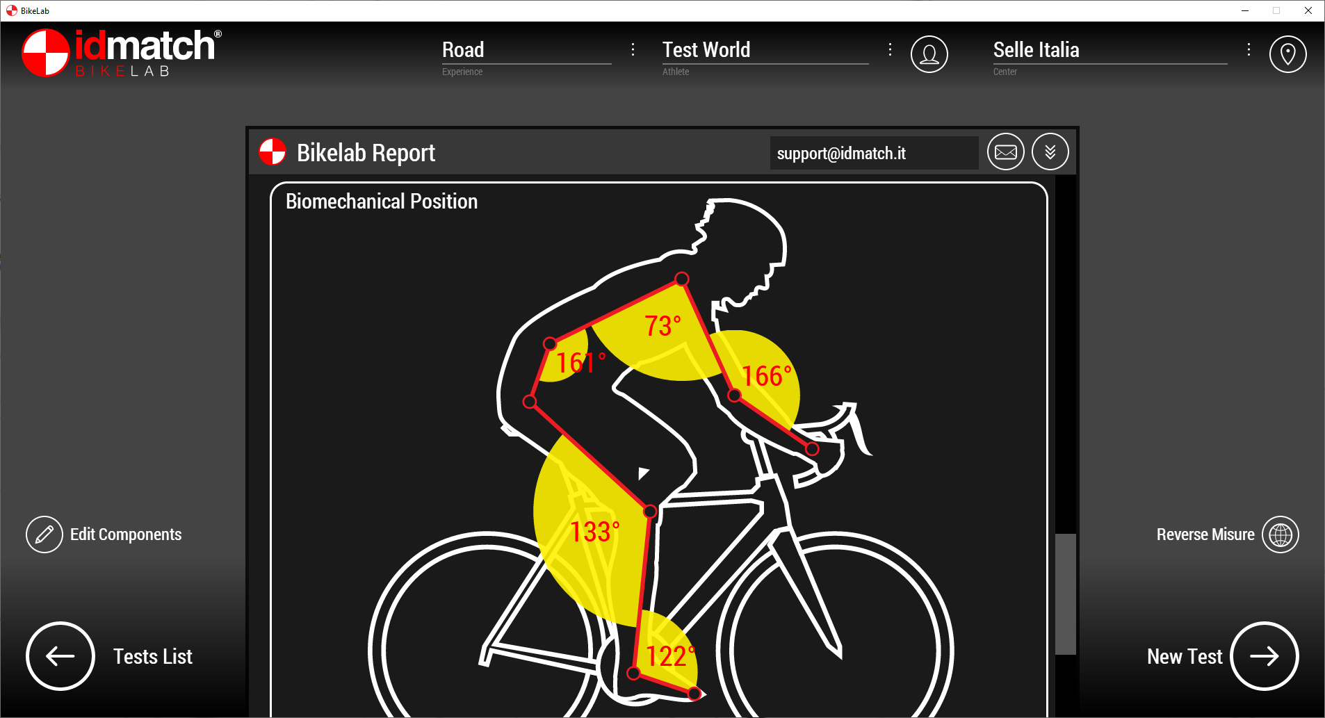 Diagram of a cyclist's biomechanical position showing various joint angles, including shoulder at 73°, elbow at 161°, hip at 166°, knee at 133°, and ankle at 122°. The diagram highlights different body segments with yellow areas.