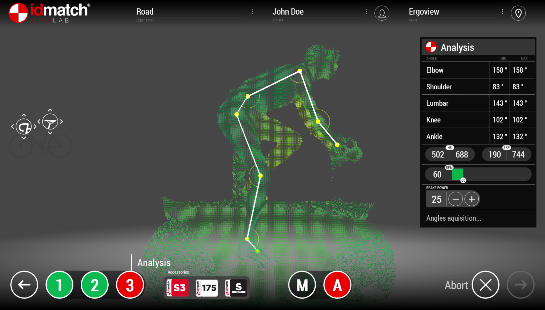 A digital interface from the idmatch Bike Lab showing a bike fitting analysis. It includes a map with a plotted path, a side menu with cycling-related data, and a profile bar with user information at the top.