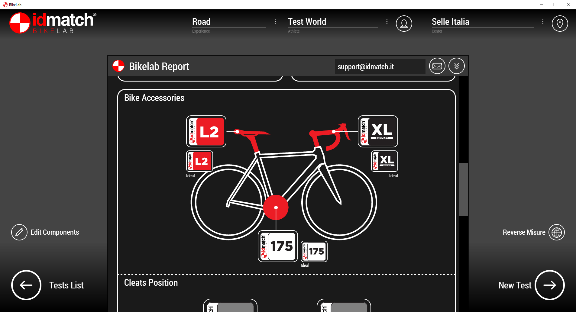 A digital interface showing a bike customization report with a diagram of a bike and various components labeled with sizes and fitments, including handlebar, saddle, and tires, on a black background with navigation options on the sides.