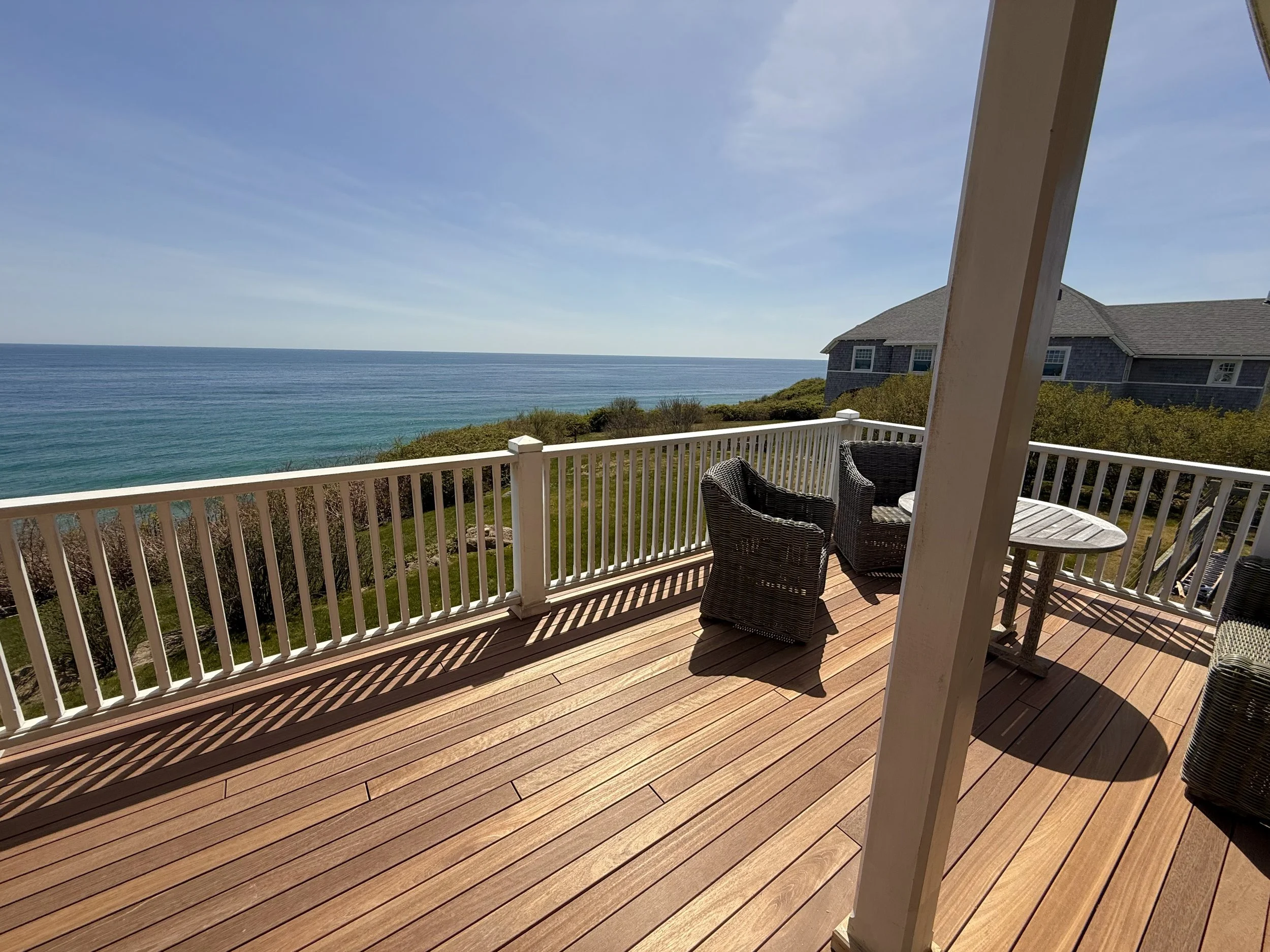 Mahogany narrow board deck with hidden clip fastening Block Island RI southern bluffs 