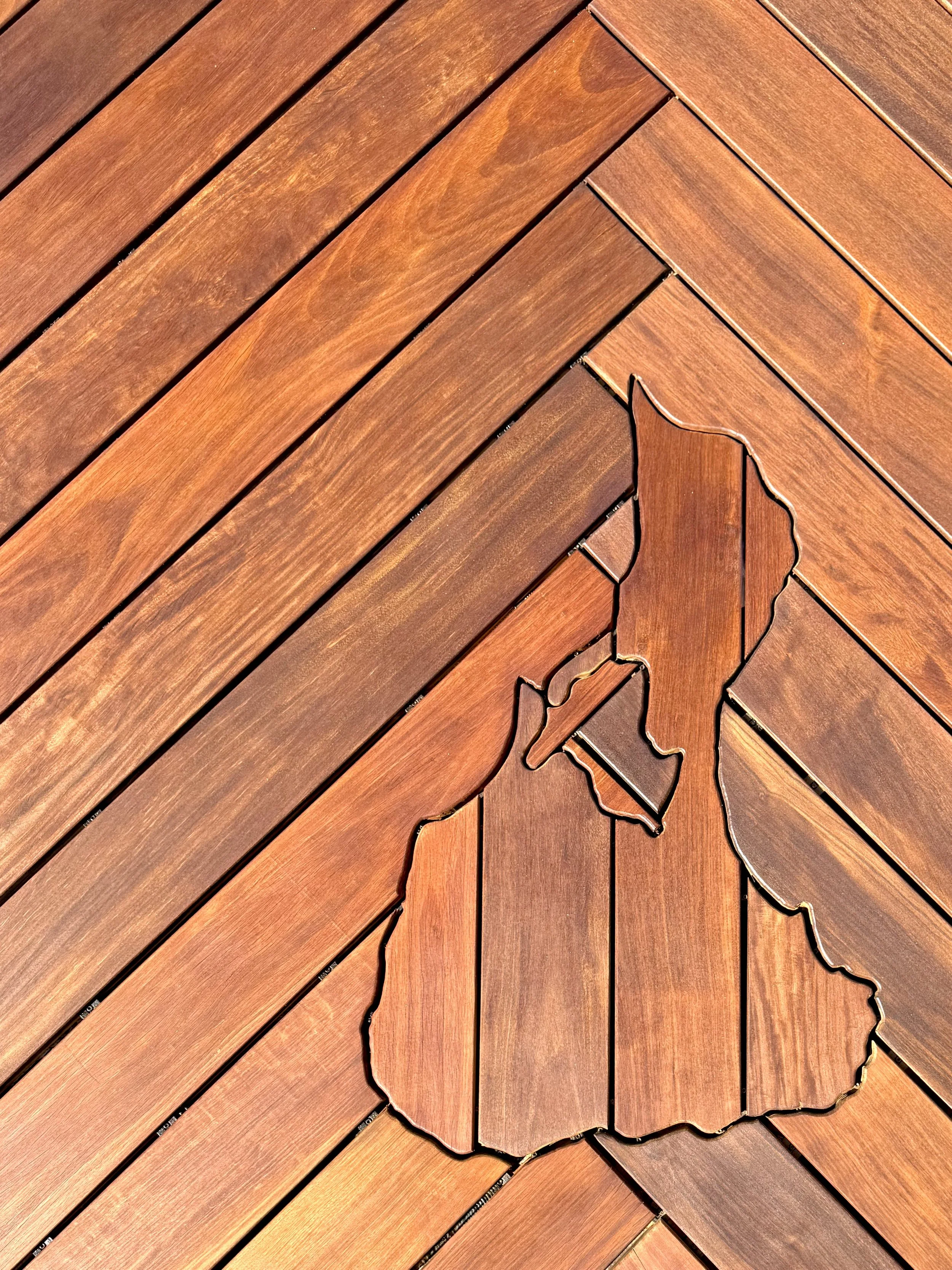 Ipe herringbone deck with custom Block Island inlay secured with Camo Edge Clips in Rhode Island