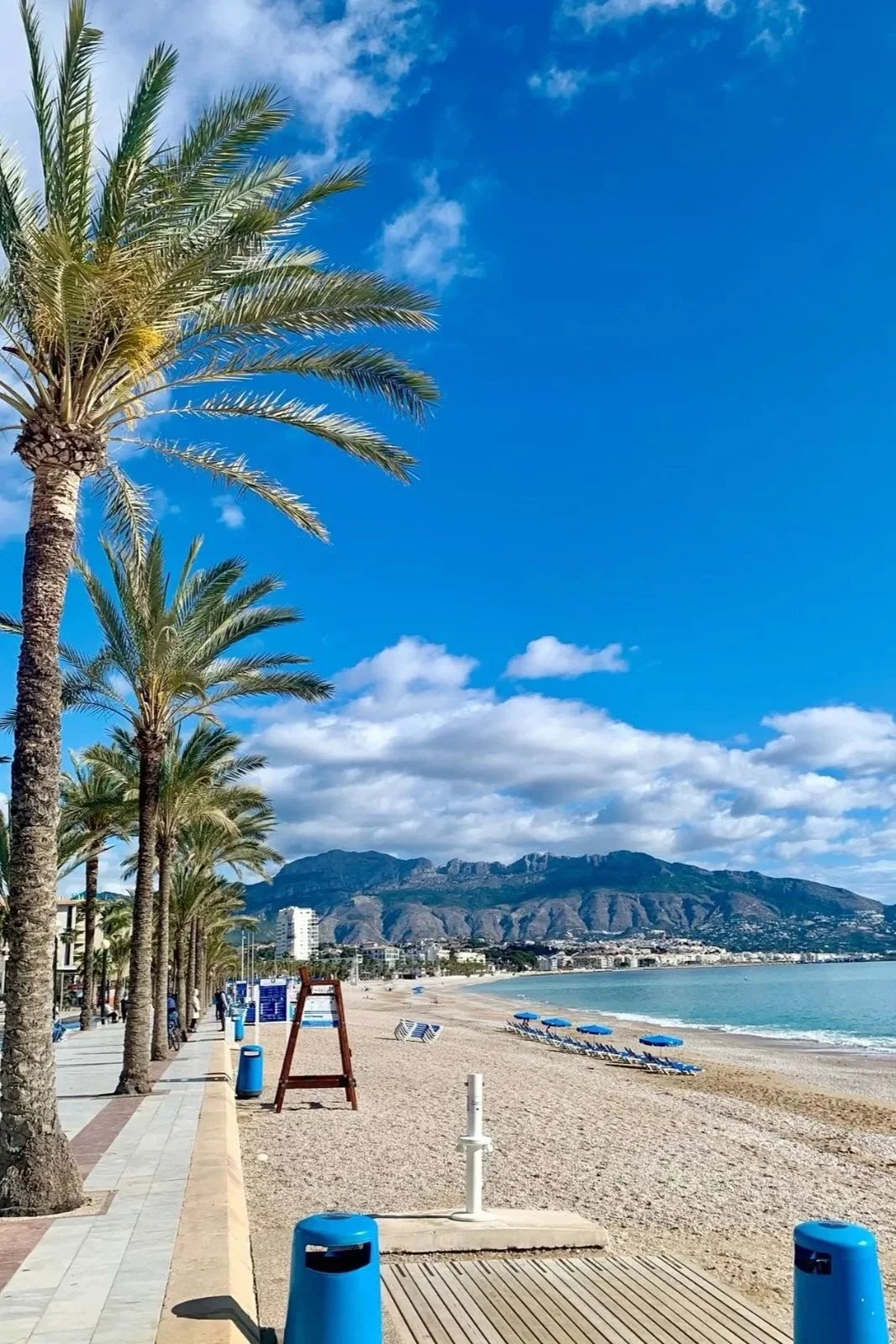 Playa con palmeras, sombrillas azules, sillas, y montañas al fondo bajo un cielo azul con nubes.