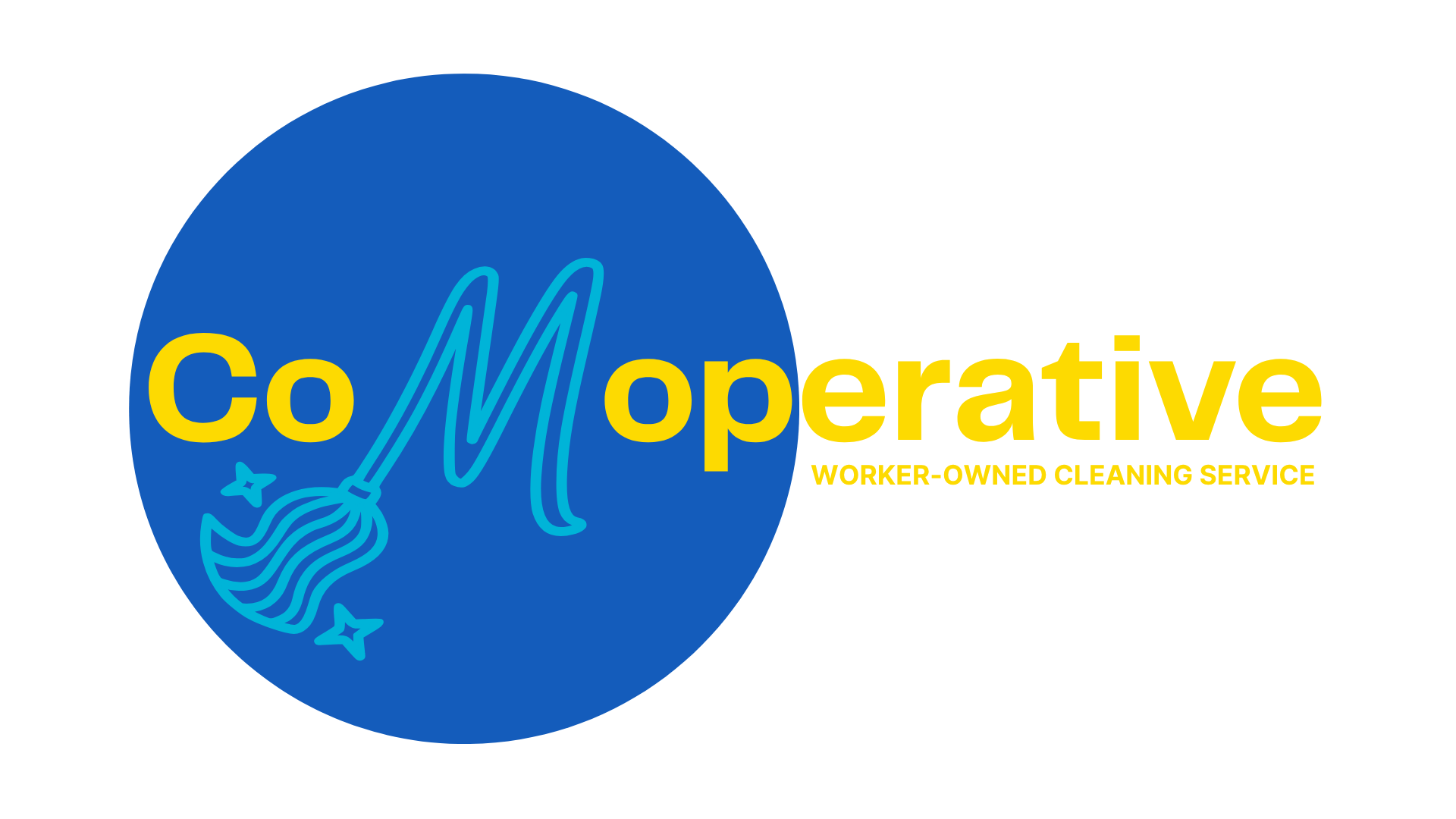 Logo for CoM cooperative, a worker-owned cleaning service, featuring a blue circle with a neon outline mop and star, with the word "CoMoperative" in yellow and "worker-owned cleaning service" in smaller yellow letters.