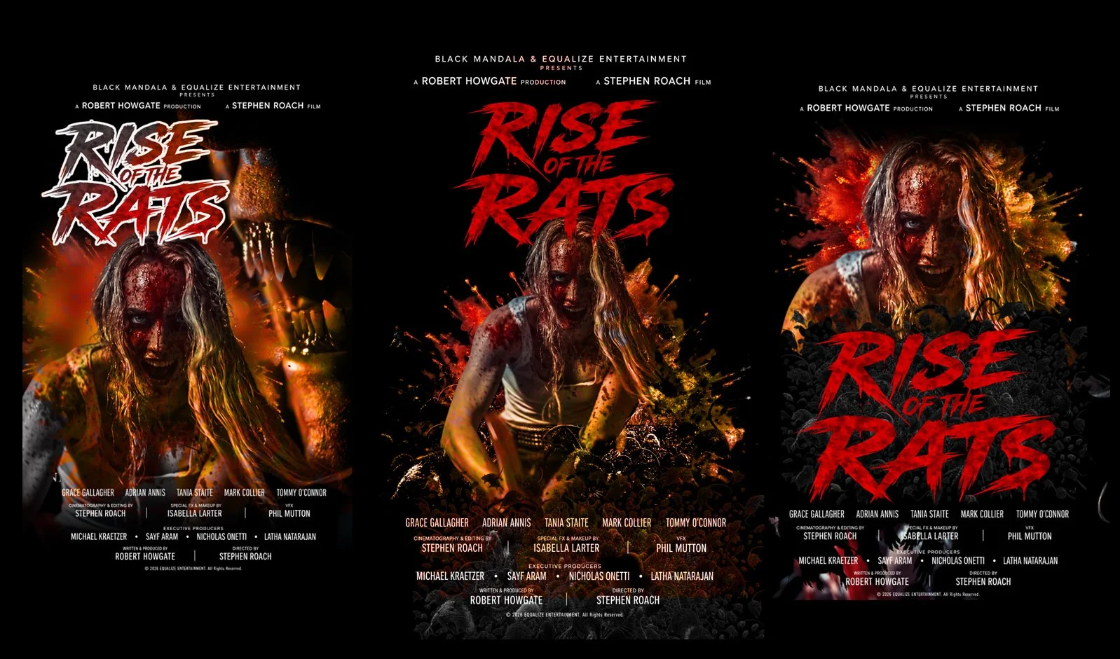 Poster for the horror film 'Rise of the Rats' featuring a woman covered in blood with a menacing rat in the background, with fiery effects and dark design elements.