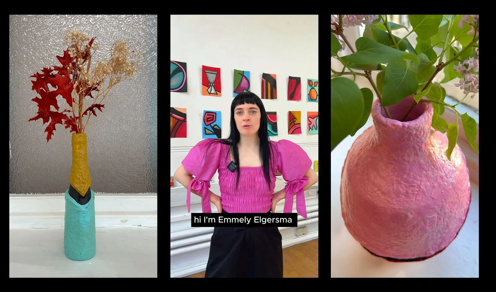 Triptych of images featuring art and plants. The left image shows a tall ceramic vase with a textured surface, filled with dried leaves and branches. The middle image shows a woman with black hair and bangs, wearing a bright pink top with puffed sleeves, standing in front of a white wall decorated with colorful abstract paintings; the caption reads, 'hi I'm Emmely Elgersma.' The right image features a pink, textured ceramic vase with a wide opening, holding a green leafy plant with small pink flowers.