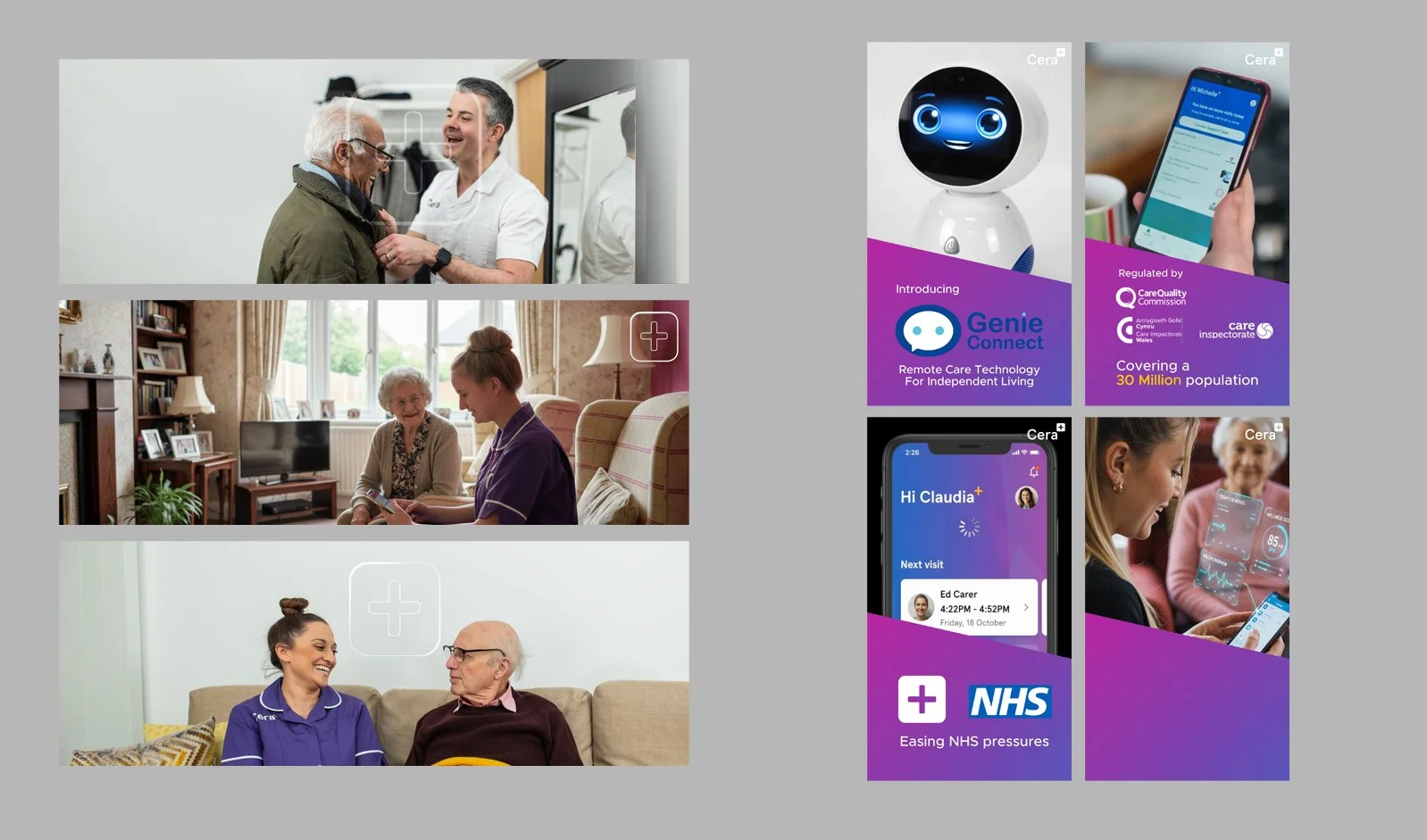 Three scenes inside people's homes with healthcare workers and elderly patients, along with four promotional images for care technology products, including a robot, a smartphone app, a health monitoring device, and a nurse using a phone.