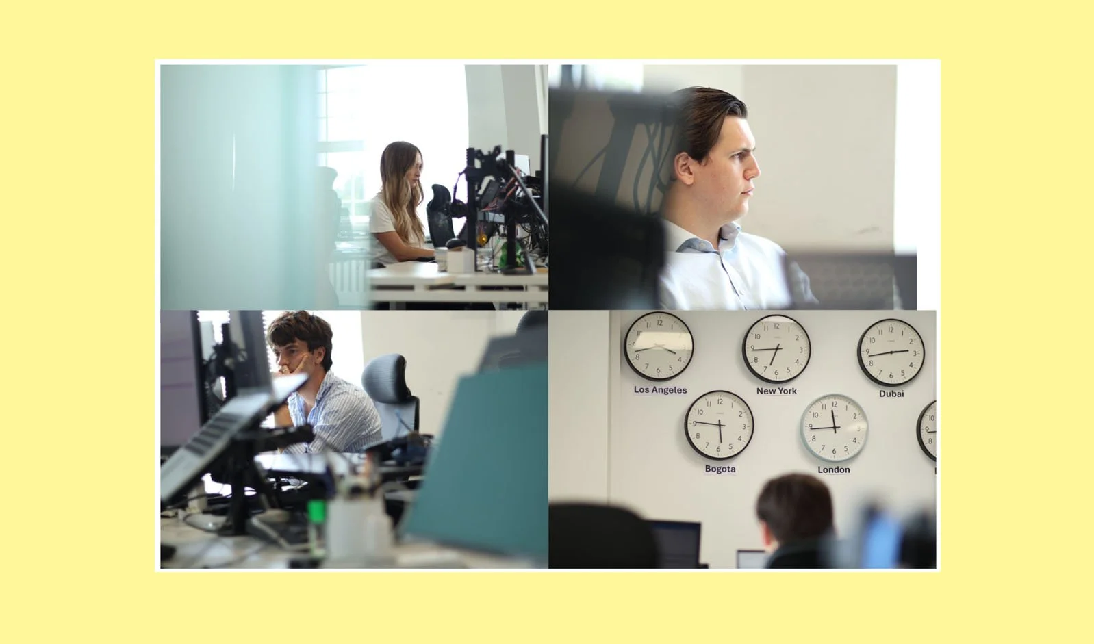 A collage of four images showing office workers working at their desks and clocks on a wall displaying different times for cities including Los Angeles, New York, Dubai, Bogota, and London.